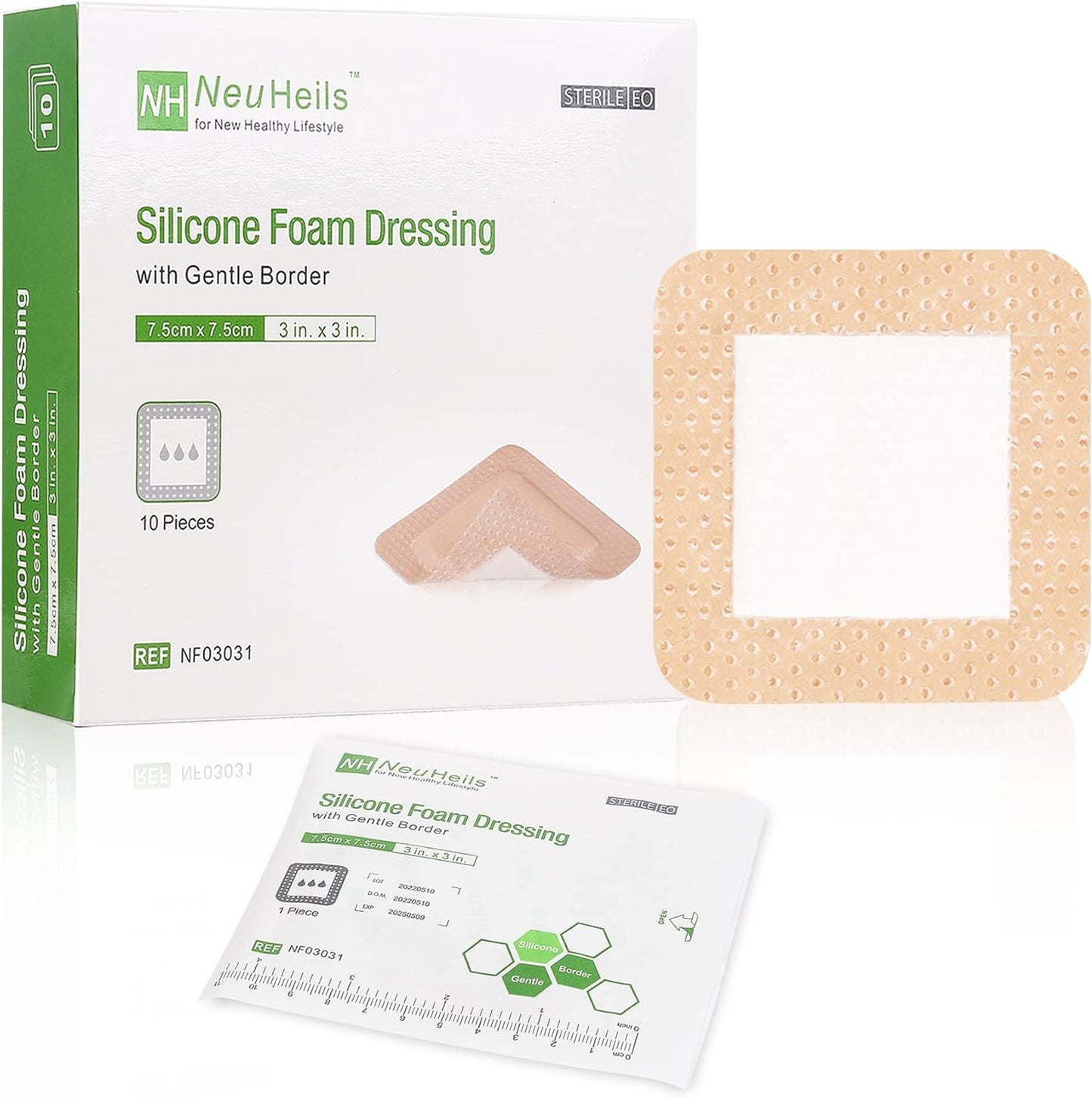 NeuHeils Silicone Adhesive Foam Dressing with Gentle Border 3''x3'' for Bed Sore, 10 Packs, High Absorbency Waterproof Silicone Wound Bandage for Foot Diabetic Ulcer