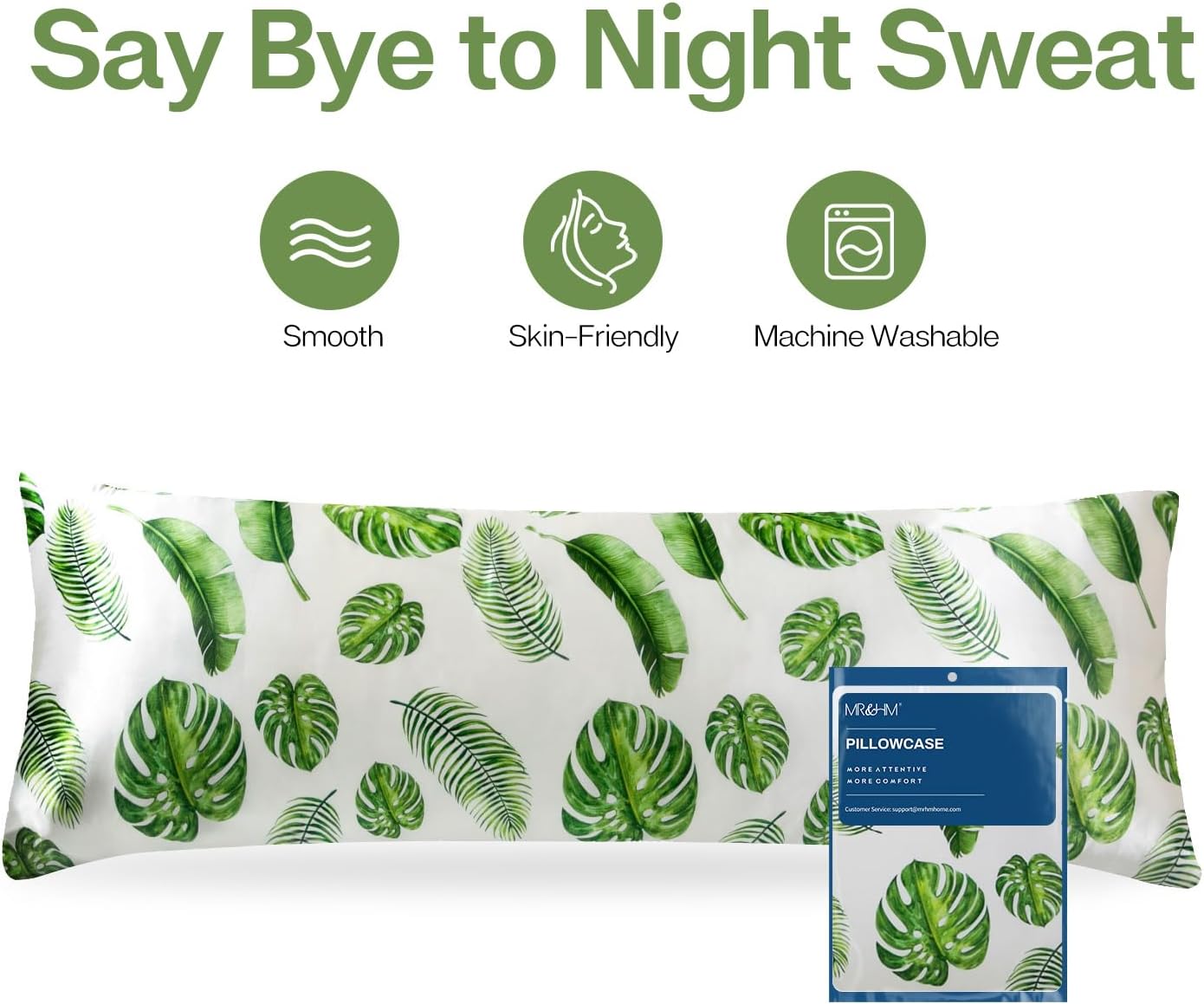 MR&HM Satin Body Pillow Cover, Soft and Breathable Body Pillow Case with Envelope Closure, Cooling and Silky Long Pillowcase for Hair and Skin,Grey (20x54, Leaves)