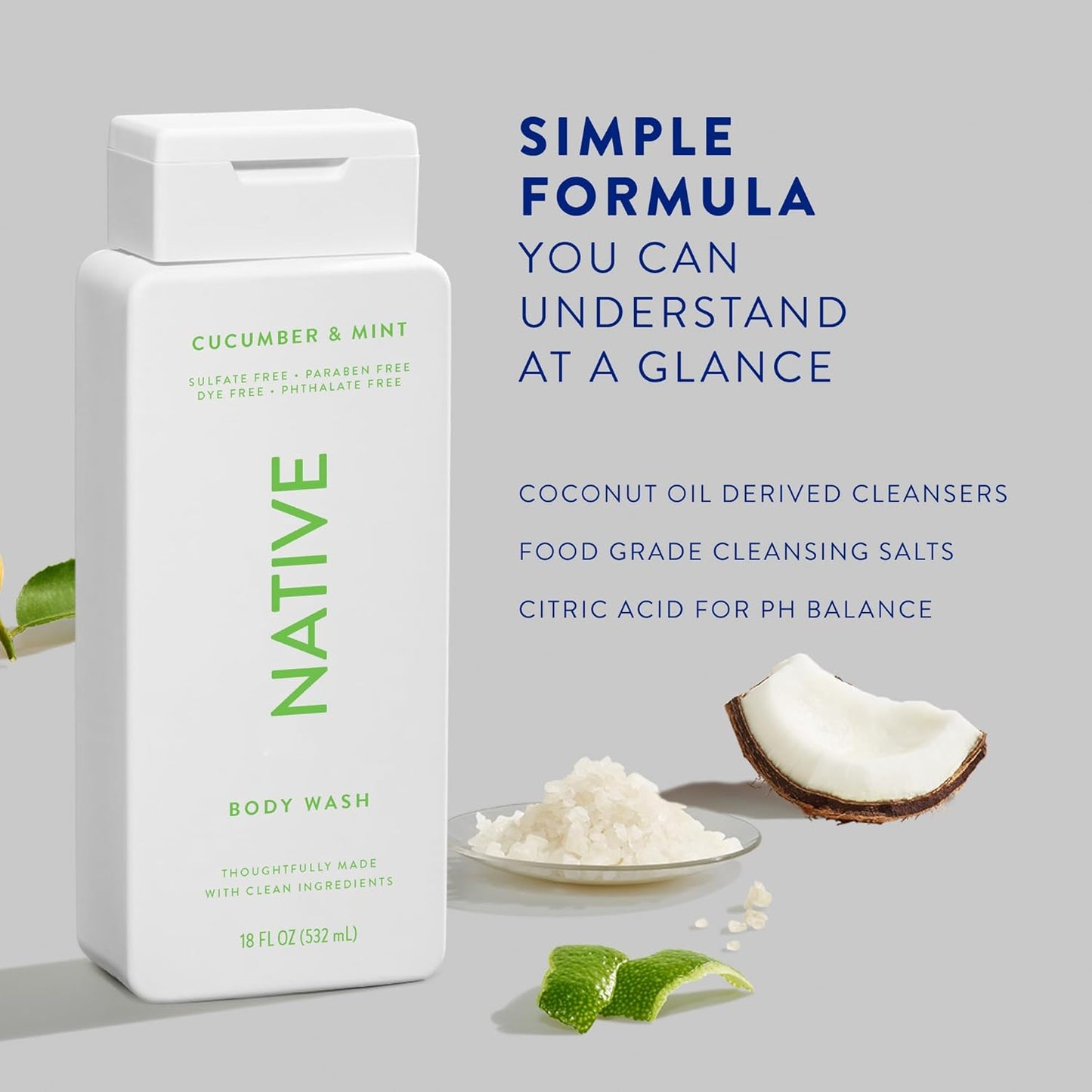 Native Body Wash Contains Naturally Derived Ingredients | For Women & Men, Sulfate, Paraben, & Dye Free Leaving Skin Soft and Hydrated | Cucumber & Mint 18 oz - 2 Pk