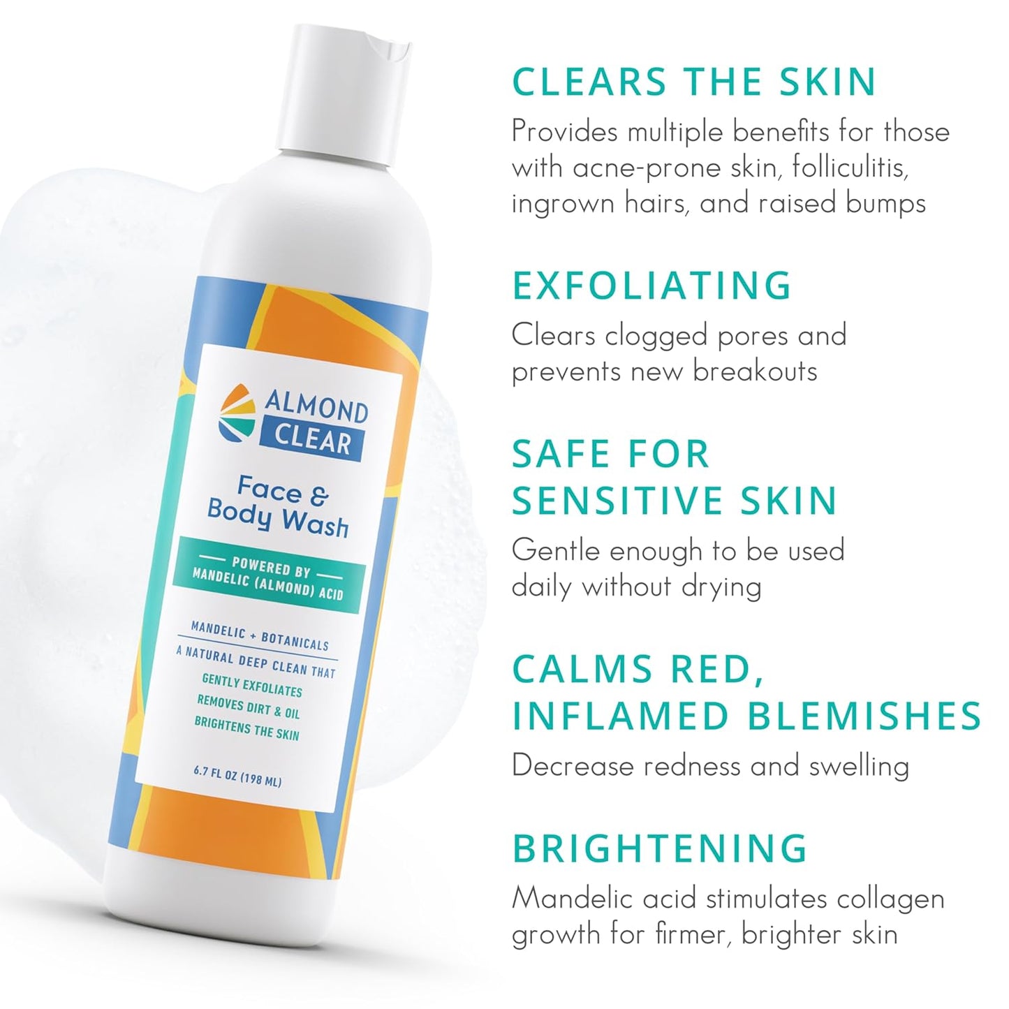 Face & Body Wash | Skin Care for Acne and Folliculitis-Prone Skin - Gentle Acne Face & Body Wash, Exfoliating Cleanser with Mandelic Acid | 17.25 oz