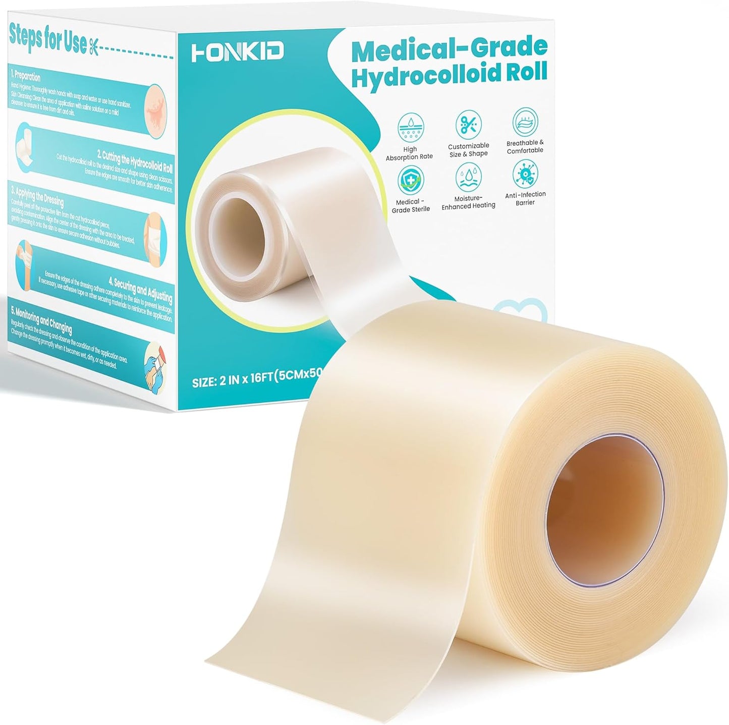 HONKID Hydrocolloid Roll for Wound Care, 2in*16ft Extra Large Cuttable Hydrocolloid Patch Bandages, Self-Adhesive, Super Absorbent, Flexible & Waterproof, Sterile in Aluminum Foil Pouch