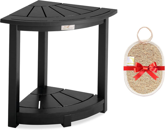 Acacia Corner Shower Stool, Waterproof Spa Foot Rest & Bath Bench with Storage Shelf & Soap Dish, Ideal for Bathroom, Shaving Legs, or as Small Corner Table/Step Stool (Black)