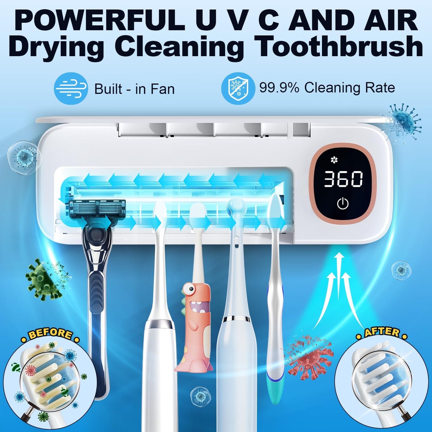 Toothbrush Sanitizer and Holder, DRMXBU Toothbrush Holders for Bathrooms with Light Clean Air Dry, Rechargeable Toothbrush Holders Wall Mounted with 5 Slots, Timer Function Tooth Brush Cleaner Case