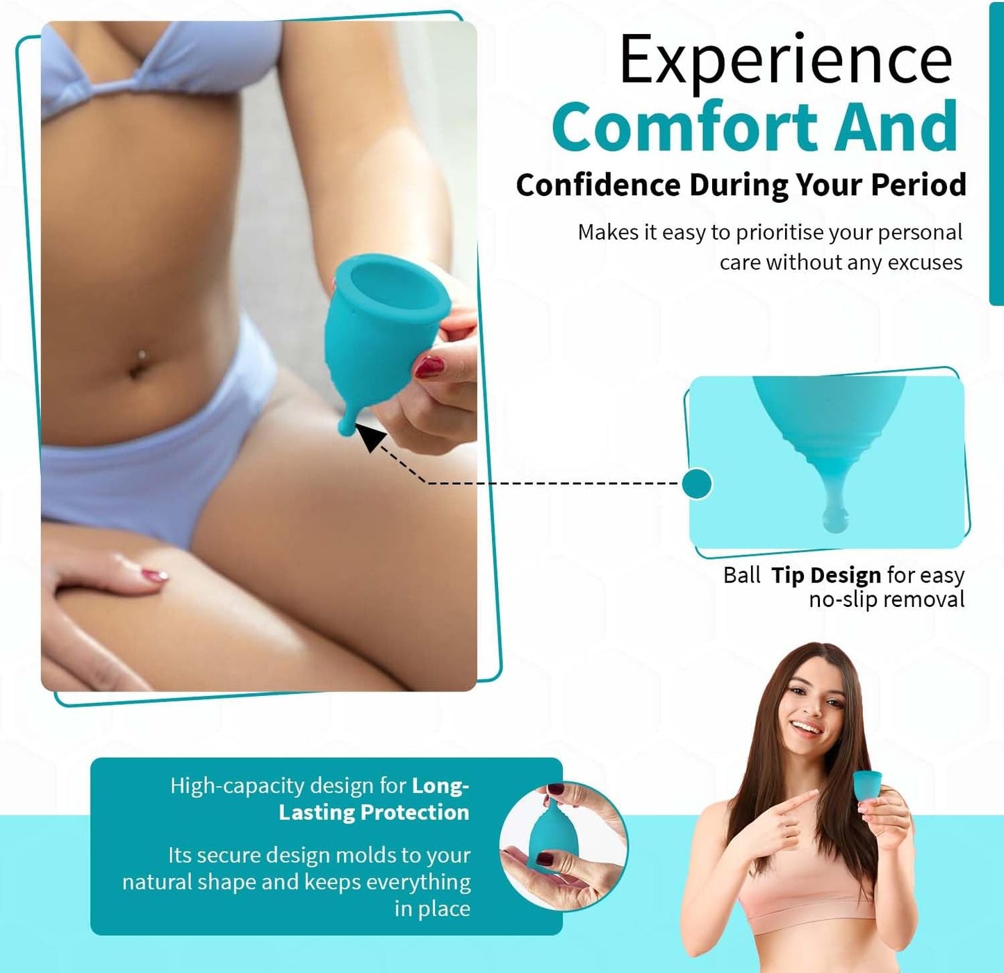 Angel's Peel Lounge Menstrual Cup for Women - 100% Medical-Grade Leak-Free Soft & Flexible Silicone Cup - 12 Hour Leak Protection Eco-Friendly & Reusable Period Cups for Women - Blue - Small