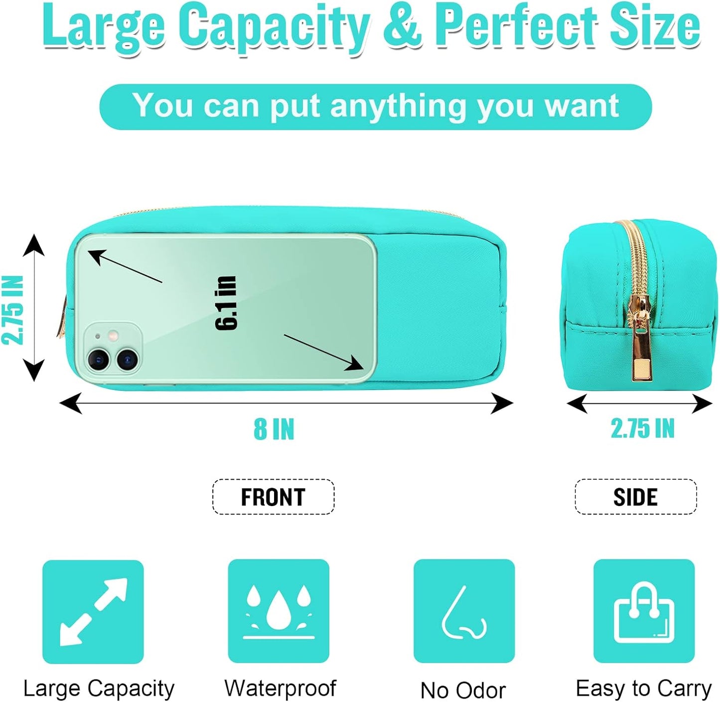 izuzta Nylon Small Makeup Bag Slim Pouch, Preppy Cute Makeup Brush Case Bag Cosmetic Zipper Pouch for Purse, Waterproof Travel Toiletry Bag Clutch Coin Pouch Makeup Organizer for Women Girls(Mint)