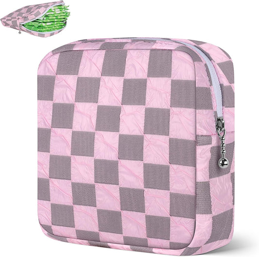 Desing Wish Sanitary Napkin Storage Bag Polyester Fabric Period Bag for Teen Girls Sanitary Pad Pouch for Sanitary Napkins/Tampons/Panty Liners Privacy Protector Pad Bag (Bubble-Check, Pink)