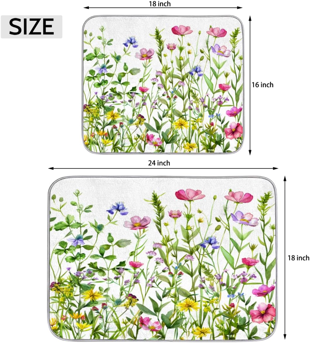 Hexteria Colorful Flowers Dish Drying Mats for Kitchen Counter 16 X 18 Inch Spring Floral Microfiber Dish Mat, Dish Drainer Mats for Countertops, Wildflower