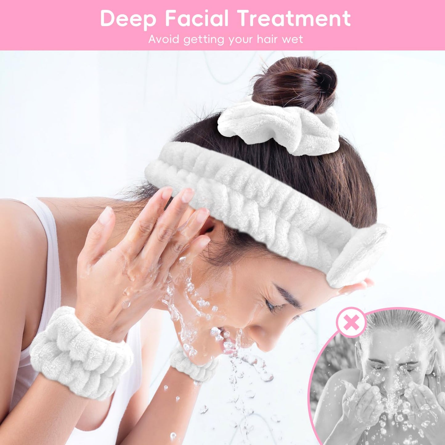Spa Headband for Washing Face, Skincare headband and wristband set, Facial Cleansing Brush, 2-in-1 Skin Care face Brush, Come with a Hair Scrunchie, For Massaging Makeup Skincare-White