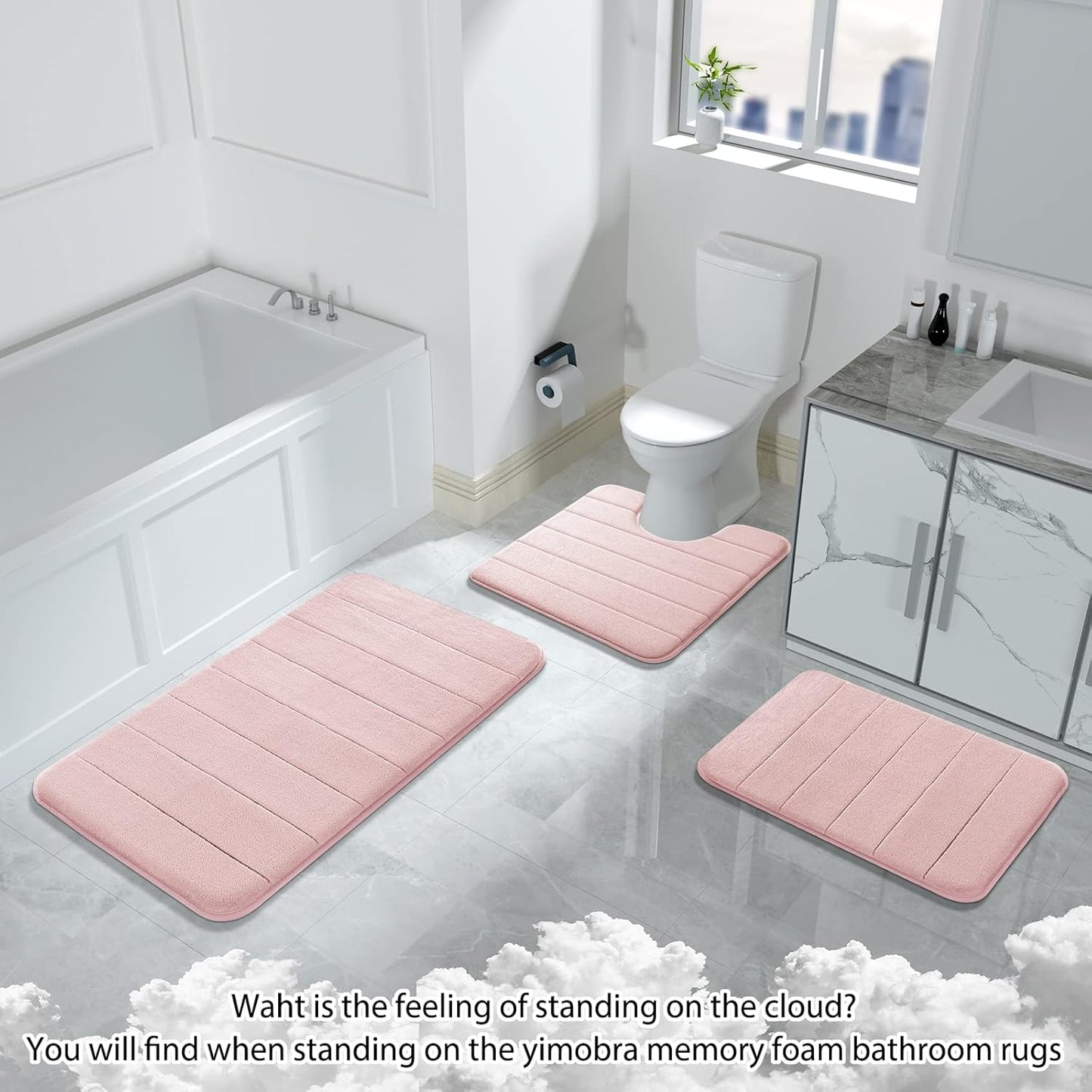 Yimobra Bathroom Runner 55"x24", Non Slip Memory Foam Bath Mat, Super Soft Water Absorbent Hallway Carpet, Machine Washable Rug for Vanity Tub Shower, Pink
