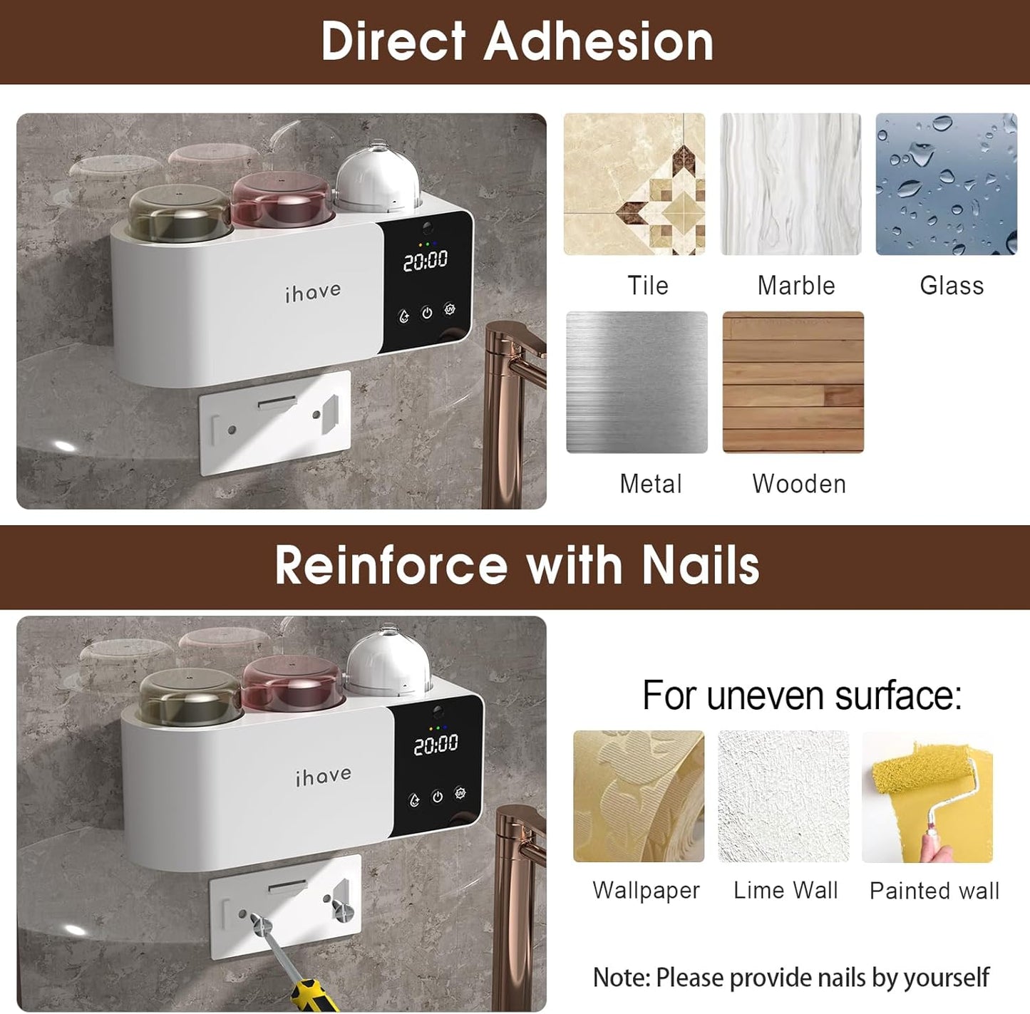 iHave Toothbrush Holders with UV Toothbrush Sanitizer, Aromatherapy Diffuser & IR Night Light - 4-Hour Smart Cruise Disinfection, Auxiliary Combo Drying - Wall-Mounted Bathroom Organizer with 2 Cups