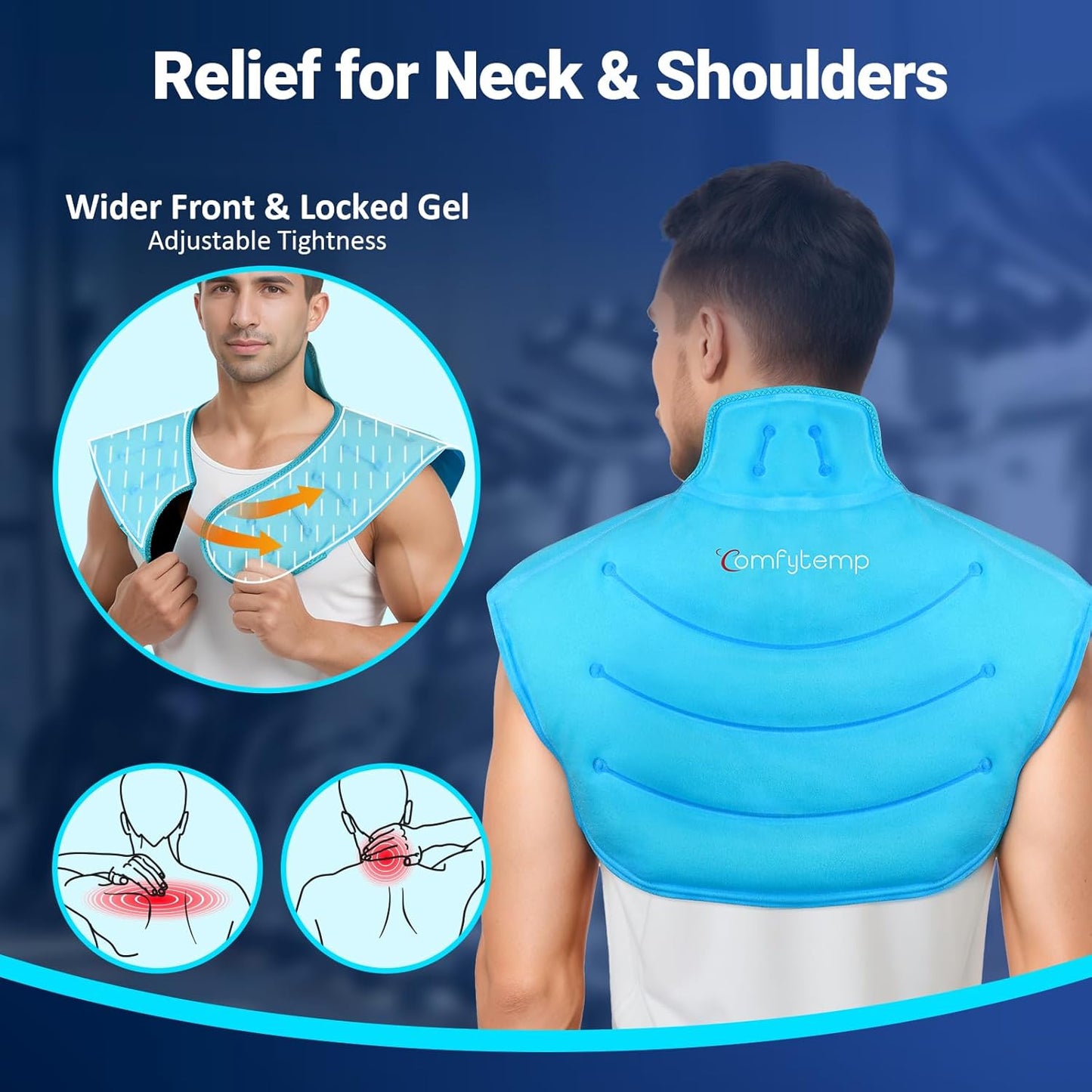 Comfytemp Large Ice Pack for Neck Shoulders Upper Back Pain Relief with Straps, Wearable Reusable Gel Ice Wrap with Cold Compression Therapy Recovery for Upper Back, Cervical (L)