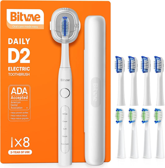 Bitvae Ultrasonic Electric Toothbrush for Adults and Kids, ADA Accepted Travel Toothbrush with Rechargeable 60-Day Battery Life, 5 Modes, 8 Heads, Case, Holder, Frost White
