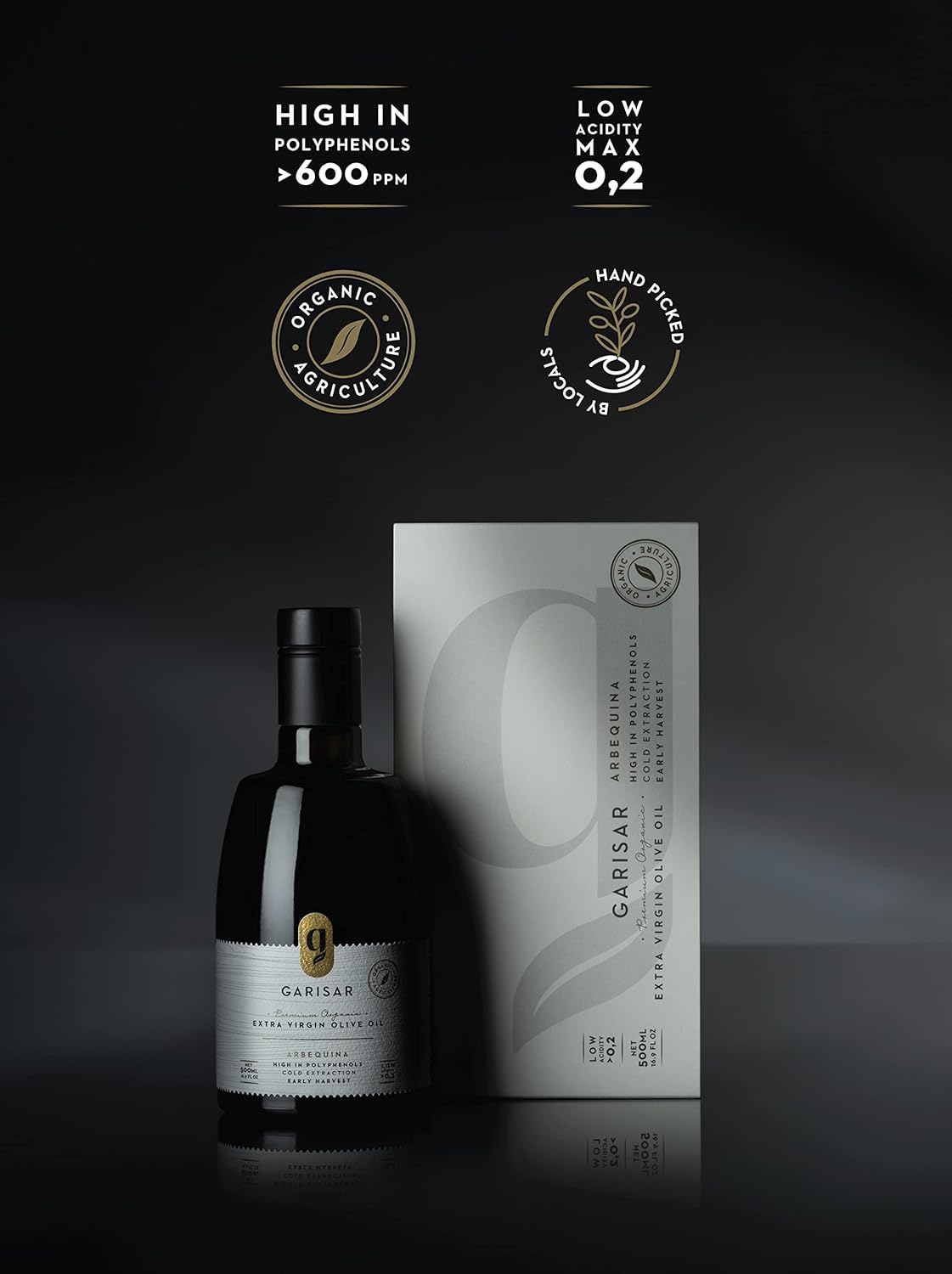 Garisar High In Polyphenol Premium Extra Virgin Olive Oil (>600 ppm), Low Acidity (max 0.2%), NYIOOC 2025 Gold Medal Winner, Organic Agriculture, Hand Picked, Cold Pressed, 100% Arbequina, Pack of 2