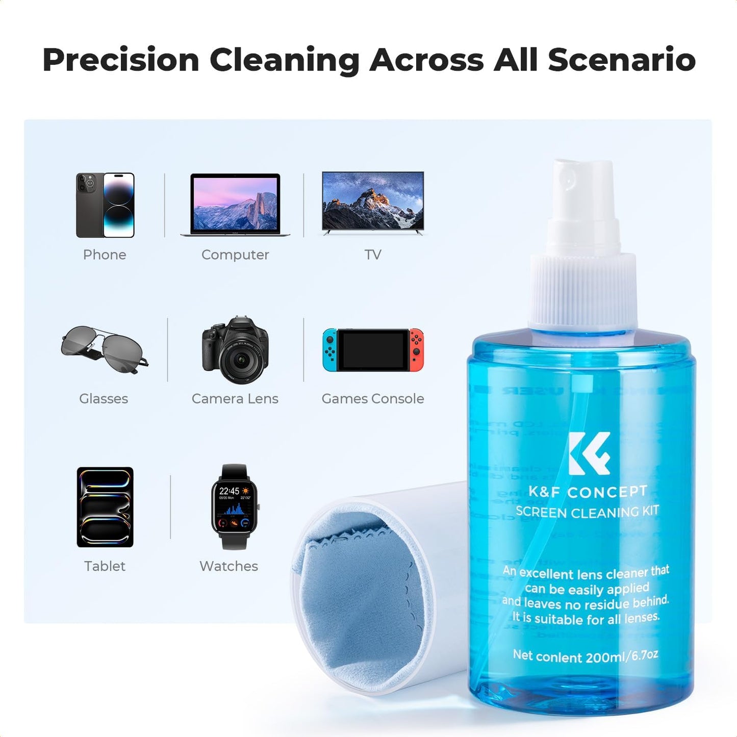 K&F CONCEPT Screen Cleaner Spray, with 2 Microfiber Cleaning Cloth, Touchscreen Cleaning Kit for LCD LED DVD TV, Smartphone, iPad, Laptop, Tablet Monitor, Computer Monitor, Electronic Devices (200ml)