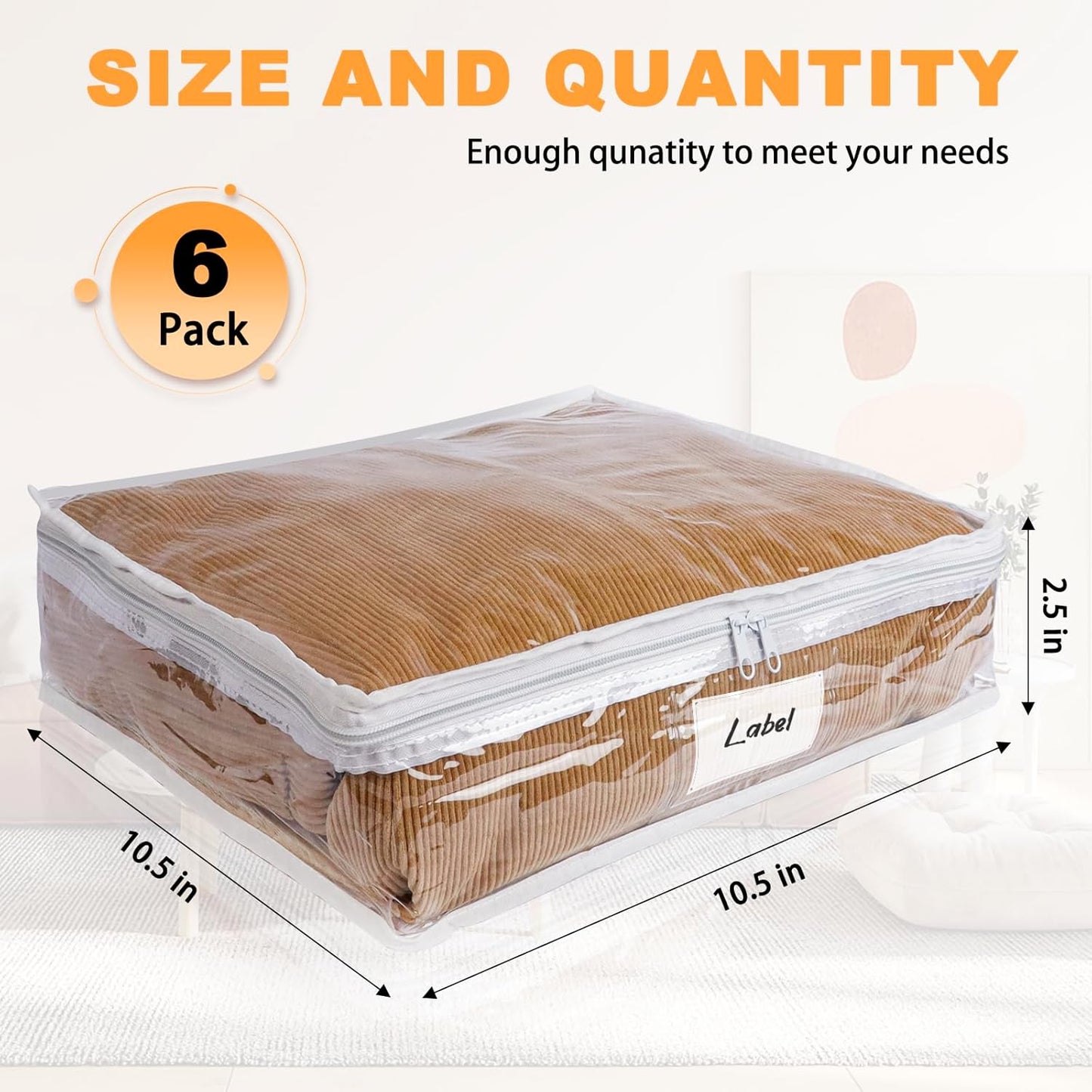 Clear Zippered Storage Bags Plastic Sweater Storage Bags with Zipper 6 Packs Clothing Organizer for Blankets Linen Sweater Bed Sheet Quilt Clothes Pillow (10.5 x 10.5 x 2.5 Inch)