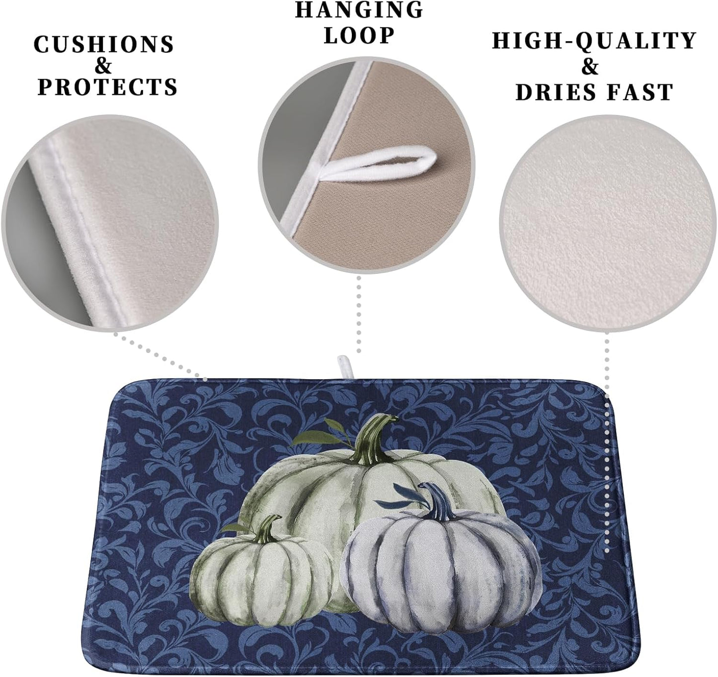 Autumn Dish Drying Mat Fall Navy Blue White Pumpkin Dish Pad for Kitchen Counter 16x18 Microfiber Absorbent Thanksgiving Dish Draining Mat Reusable Washable Dish Drainer Rack Mat