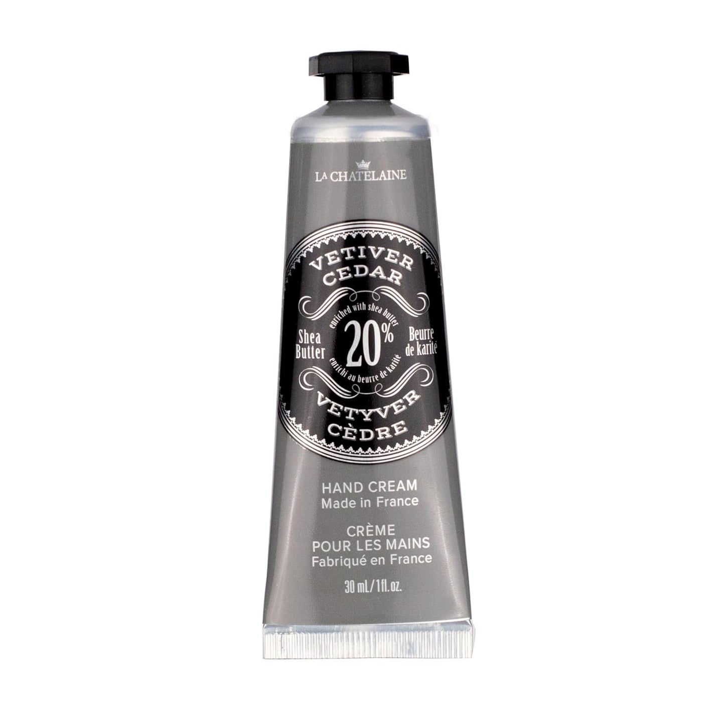 La Chatelaine 20% Shea Butter Hand Cream Travel Size, Men, Unisex, Organic Argan Oil, Moisturizing, Nourishing, Extra-Rich Hand Lotion, Made in France, Paraben Free, 1 oz / 30ml (Vetiver Cedar)