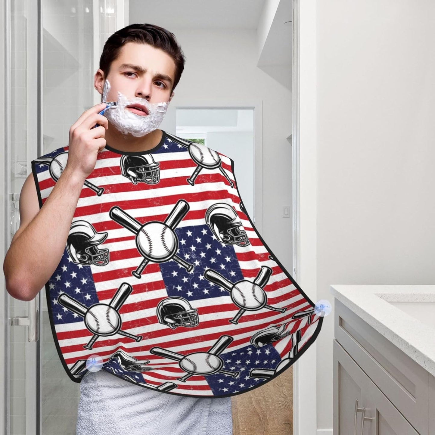 Men's Shaving Accessory Vintage Baseball American Flag, Waterproof Beard Apron with Hair Catcher & Suction Cups