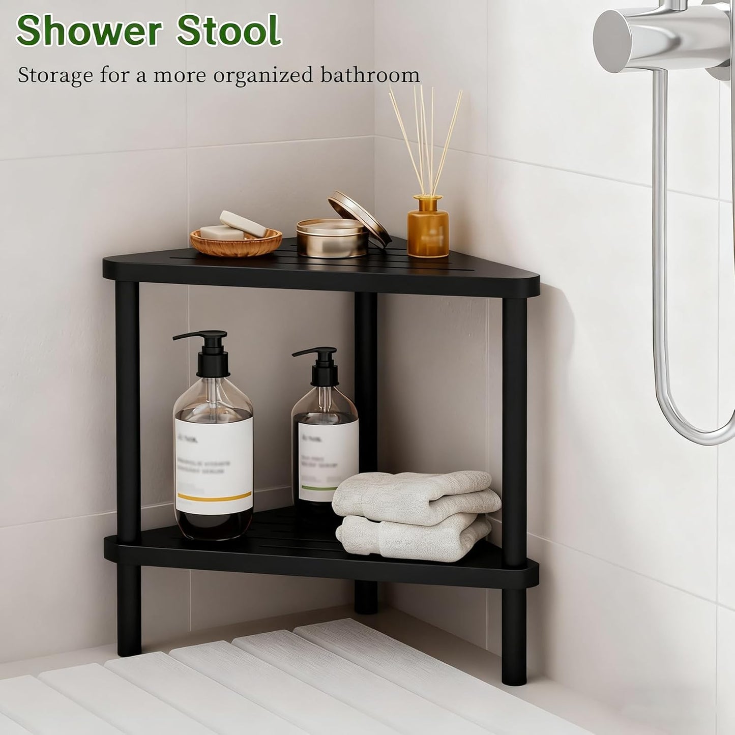 Bamboo Corner Shower Stool - Waterproof Shower Stool for Inside Shower, Shaving Legs & Small Spaces, 2-Tier Shower Foot Rest with Storage Shelf, Bath Seat & Corner Bench for Woman, Mom, Spa - Black