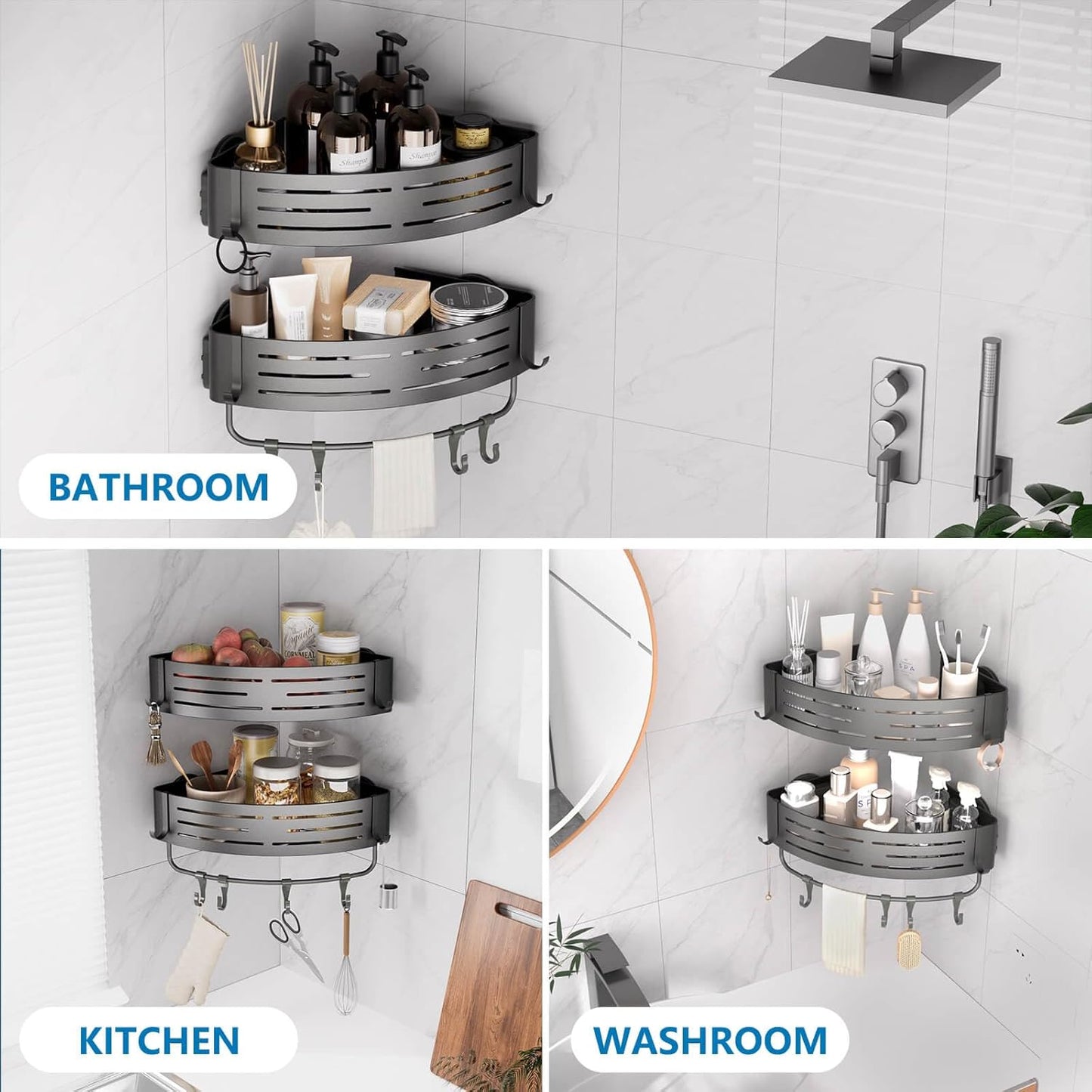 Onemake Corner Shower Caddy with Suction Cups, 2-Pack Removable Aluminum Wall Mounted Organizer Shelves Storage Rack with Towel Bar Portable Hook for Bathroom, Grey