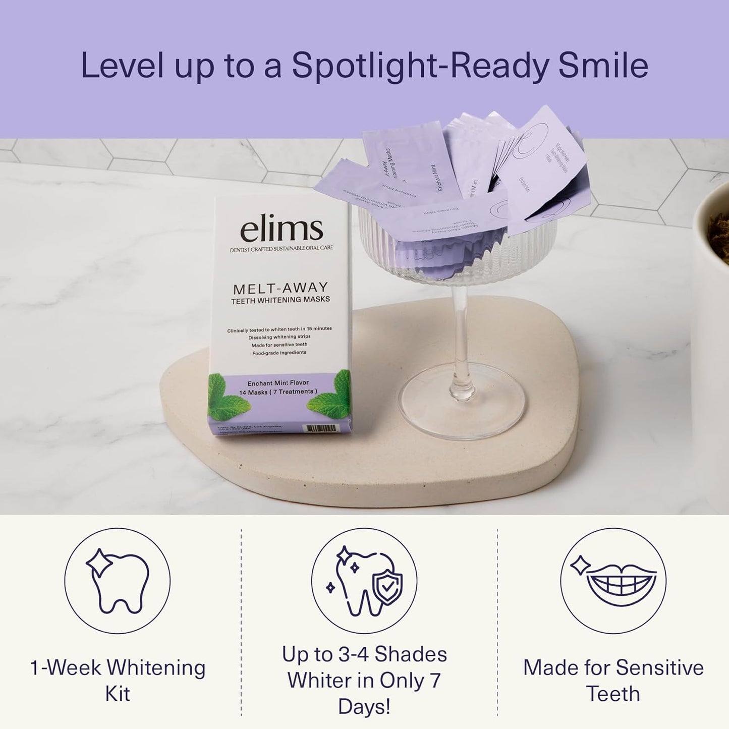 ELIMS Melt-Away Teeth Whitening Non-Toxic Strips for Sensitive Teeth - 14 Strips, 7 Treatments - Dissolving Mess-Free Application
