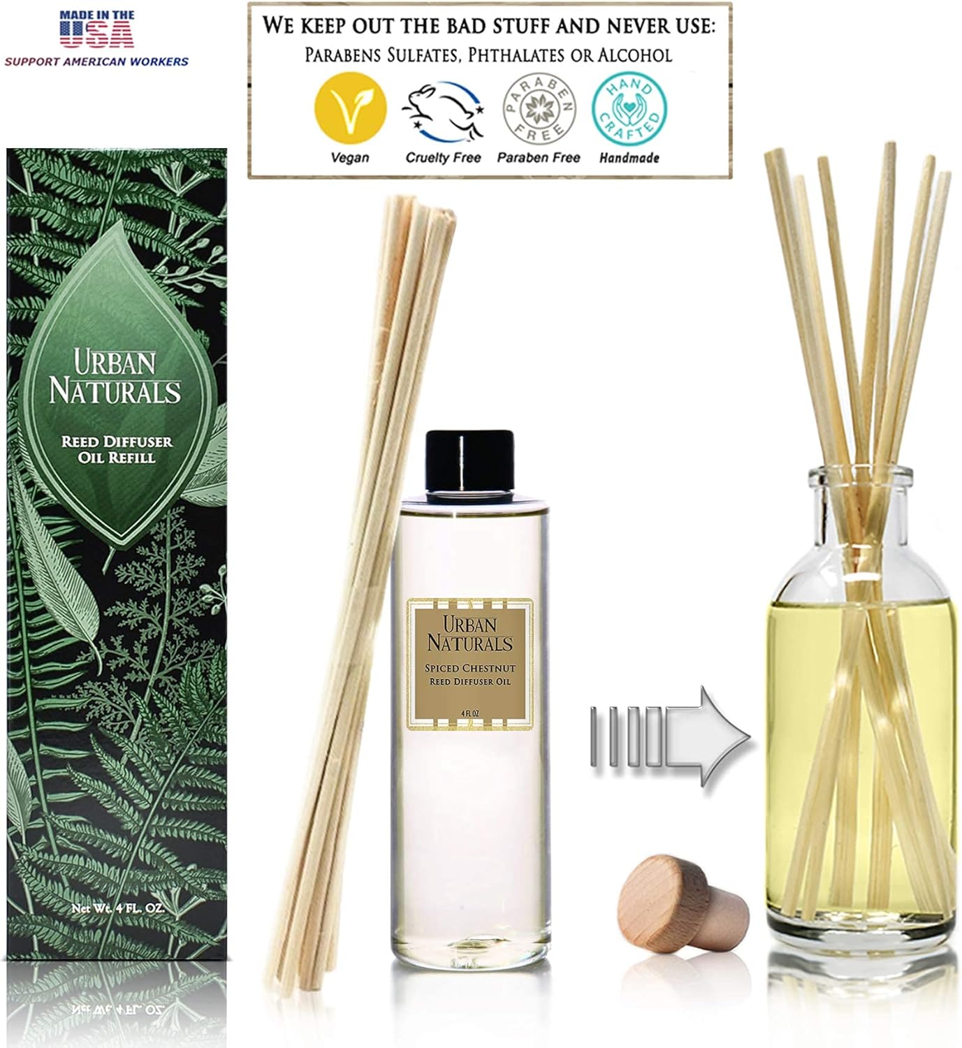 Urban Naturals Spiced Chestnut Oil Reed Diffuser Refill with Free Set of Reed Sticks – Comforting Autumn Scent of Chestnuts, Cinnamon, Clove and Cedar Wood – Vegan, 4 oz, Made in The USA