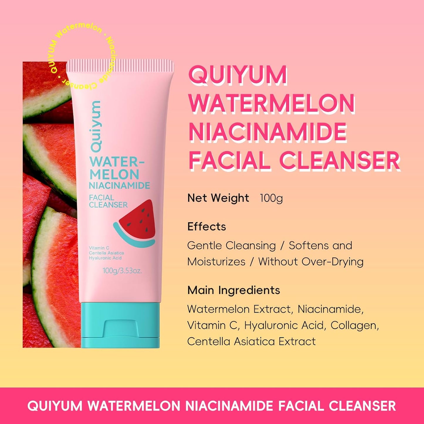 Foaming Face Wash, Watermelon Extracts, Niacinamide, Vitamin C, Hyaluronic Acid, Centella Asiatica, Exfoliating, Pore Minimizer, Hydrate, Glow, 3.53 Oz