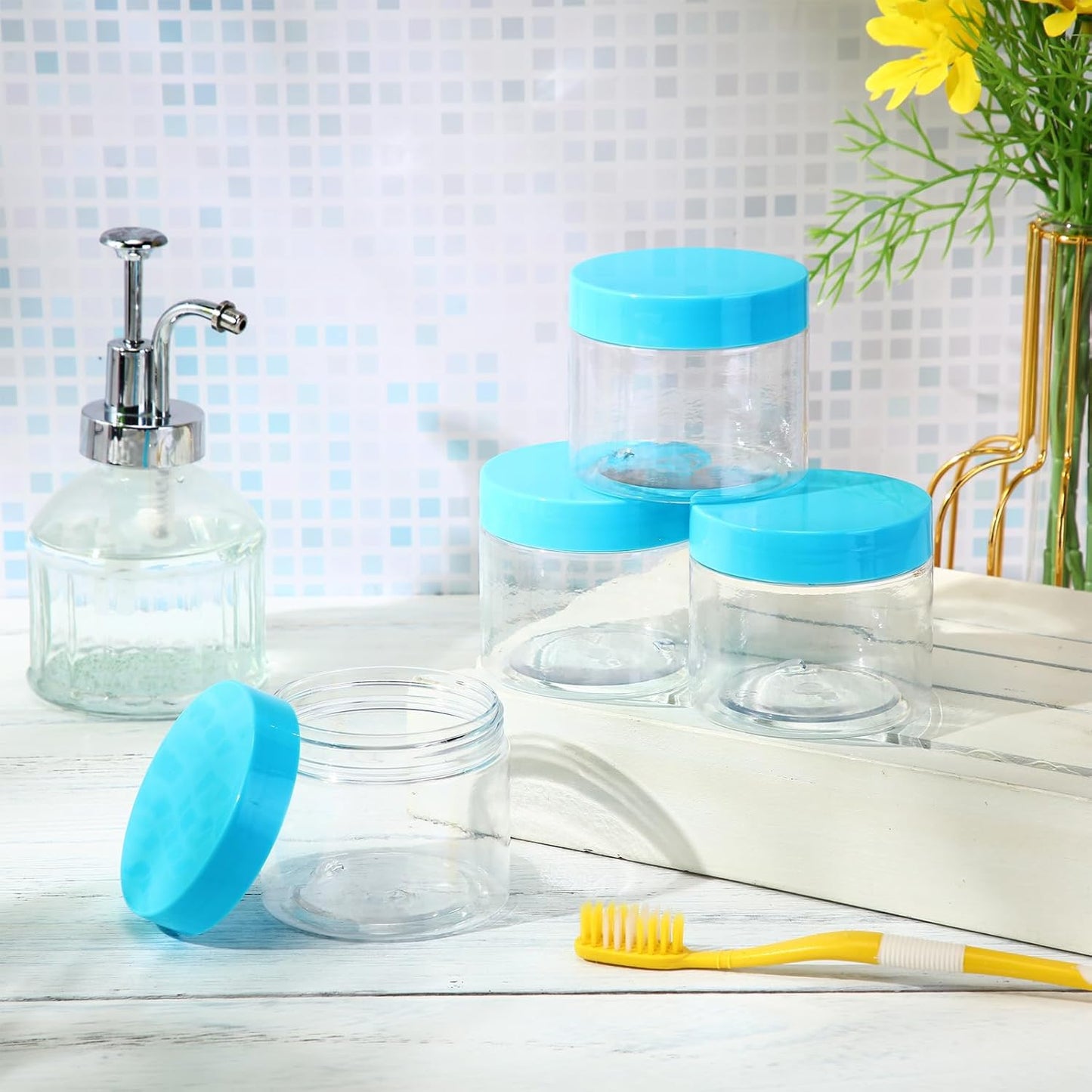 SATINIOR 12 Pack 6 oz Plastic Container Jars with Lids Round Clear Travel Cosmetic Container Slime Jars for Toiletries, Lotion, Cream, Ointments, Makeup, Rhinestone, Samples, Kitchen Storage(Blue)