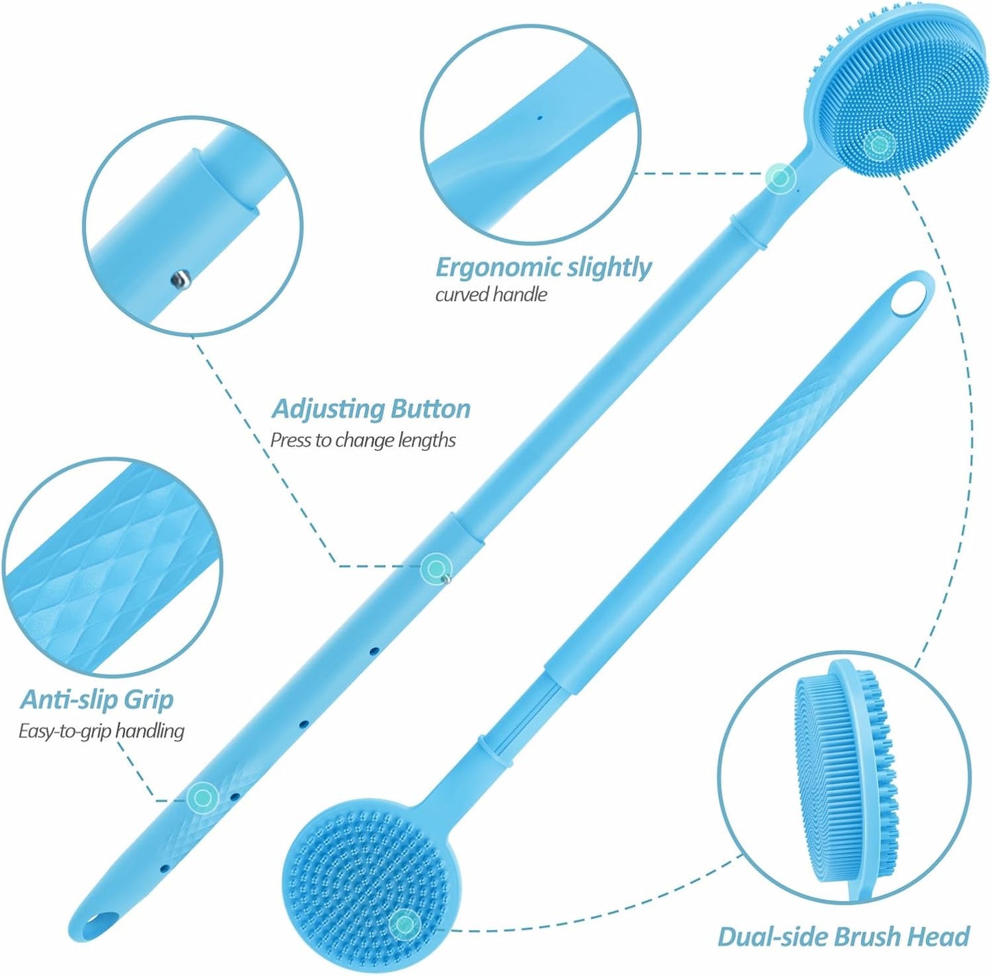 Adjustable Silicone Back & Face Scrubber Set, 16''-24'' Extendable Shower Back Scrubber with Dual-Side Head and Lathering Bristles, Manual Face Scrubber with Soft Bristles Non-Slip Handle(Blue)