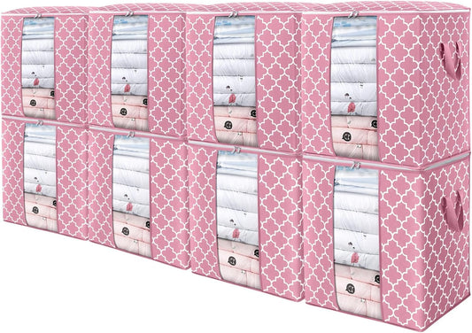WISELIFE Storage Bags 8 Pack/100L Large Blanket Clothes Organization and Storage Containers for Comforters,Bedding, Foldable Organizer with Reinforced Handle, Clear Window, Sturdy Zippers,Pink