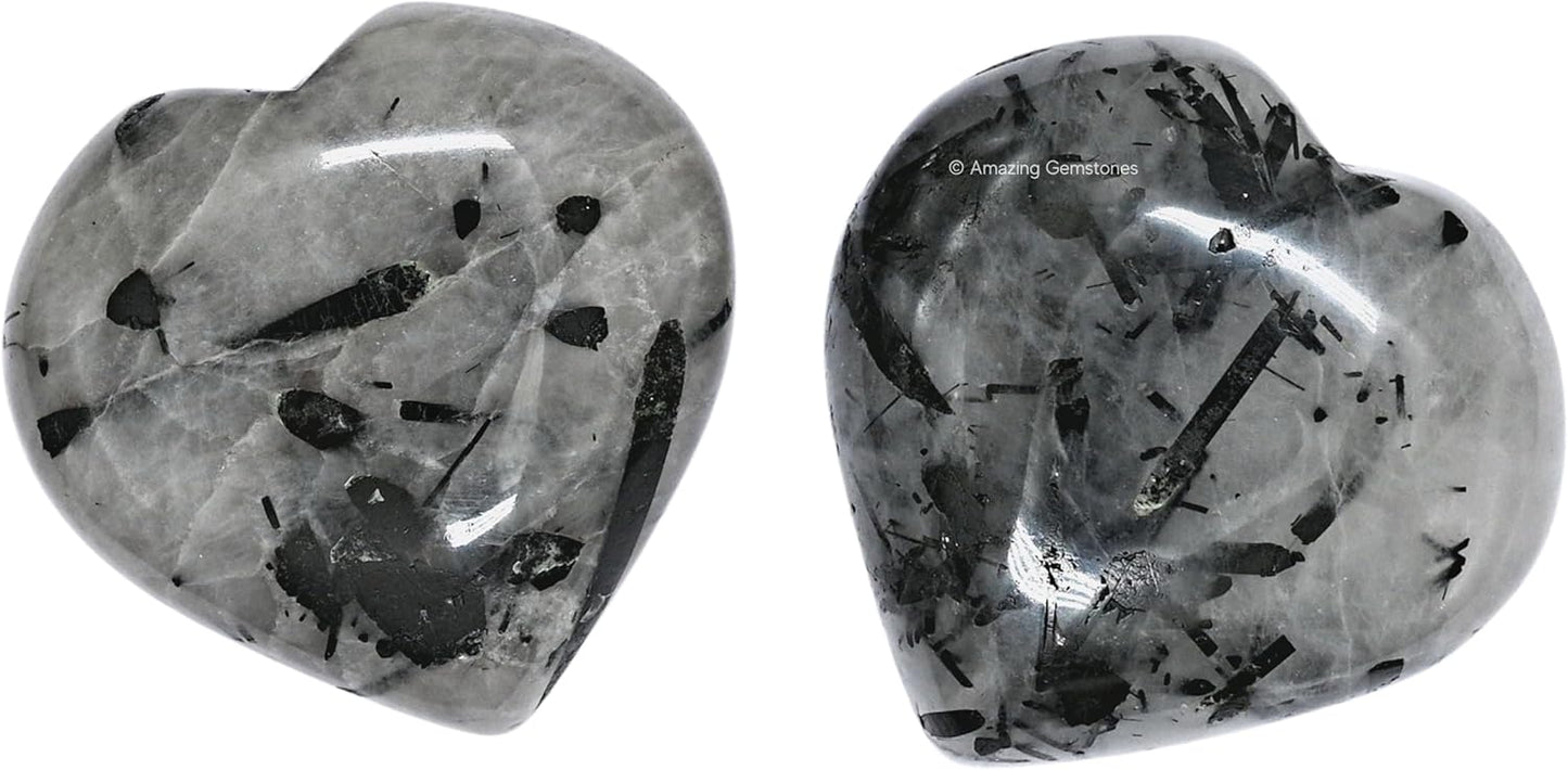 Amazing Gemstone Black Rutilated Quartz Crystal Heart Palm Stone - Pocket Massage Worry Stone for Natural Body Chakra Balancing, Reiki Healing and Crystal Grid