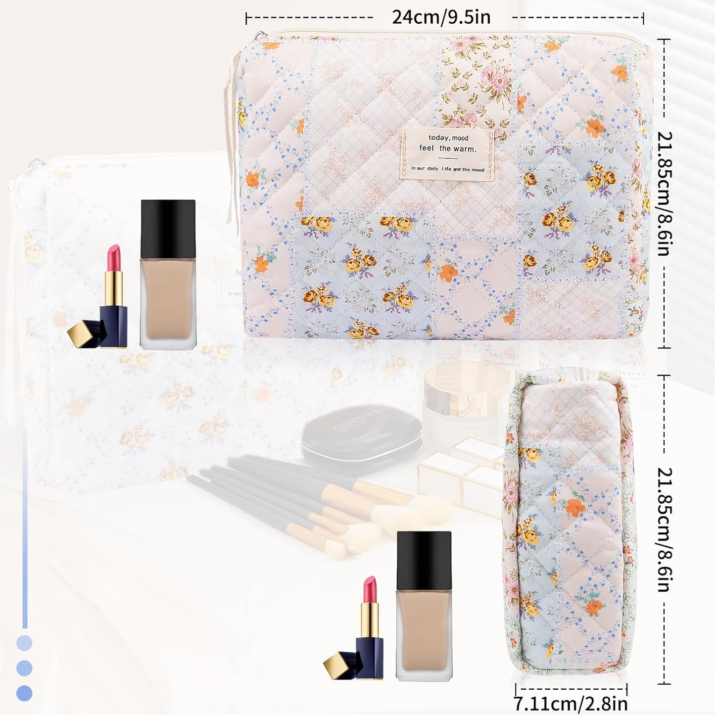 2PC Makeup Bag Set, Cute Cosmetic Bag for Women Girls, Floral Coquette Aesthetic Toiletry Bag, Travel Make Up Organizer Bag (Folk Style)