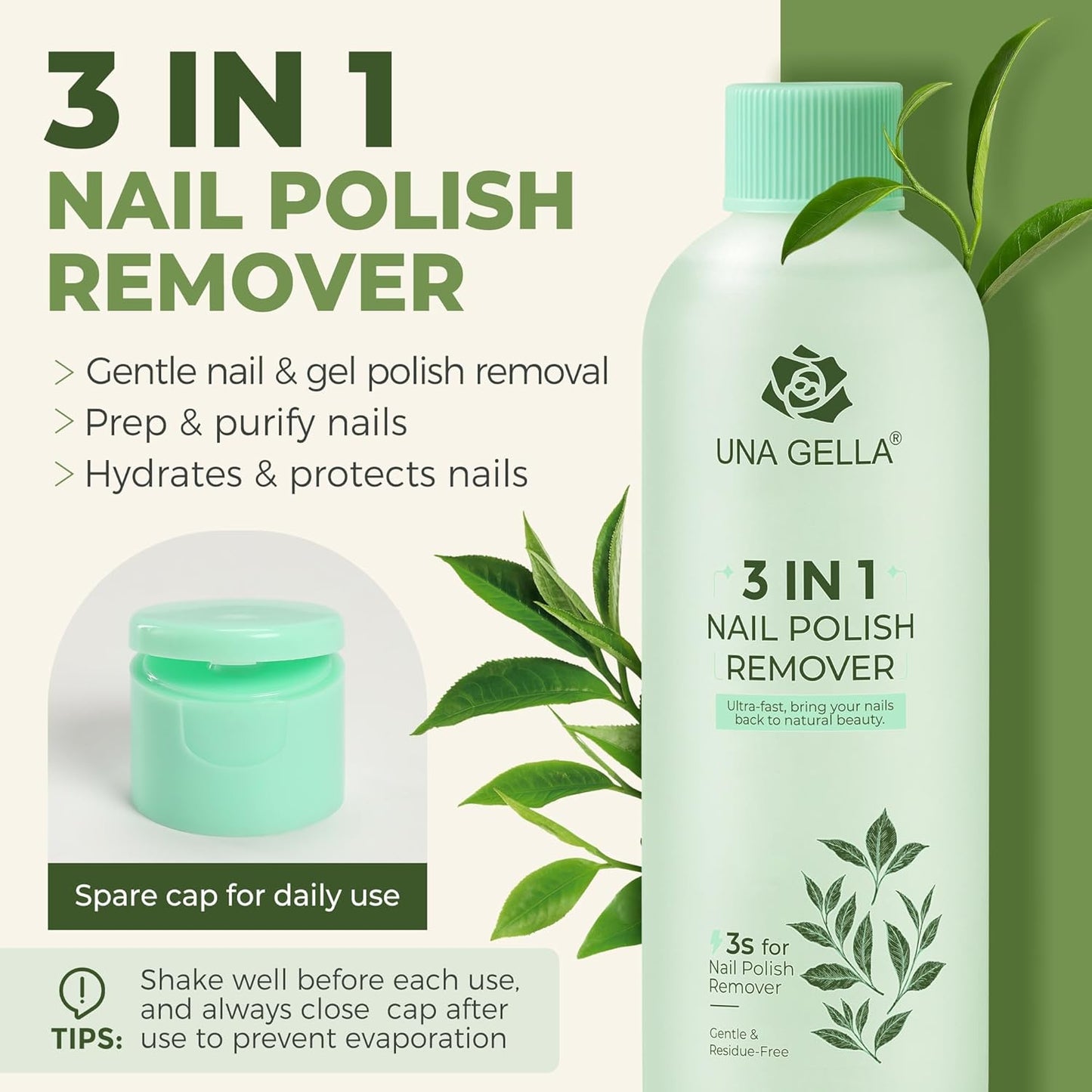 UNA GELLA Nail Polish Remover, Soak Off Acetone Polish Remover For Nails With Easy Use Cap, Healthy Formula Works For Acrylic Nail Glue 8 Fl Oz, Green Tea Scent