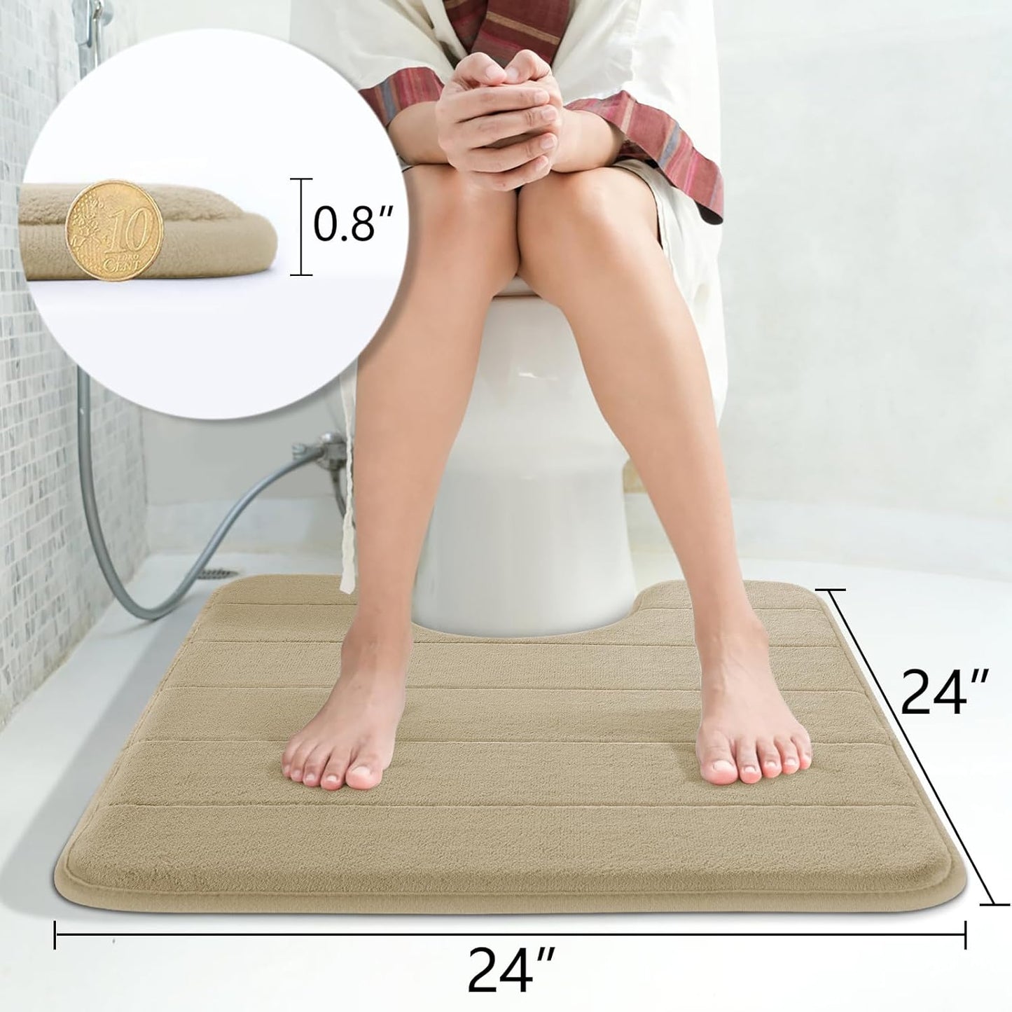 Yimobra Memory Foam Toilet Bath Mat U-Shaped, Soft and Comfortable, Super Water Absorbent, Non-Slip, Machine Wash and Easy to Dry for Bathroom Commode Contour Rug, 24 X 24 Inches, Pale Khaki
