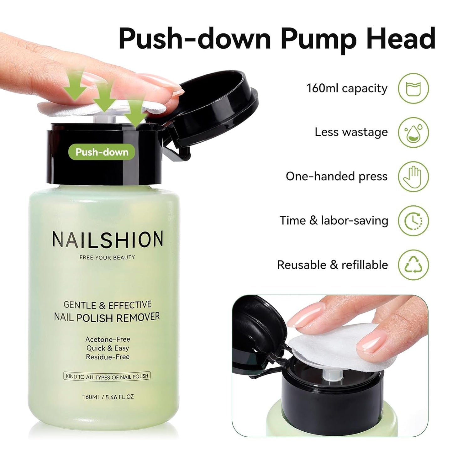 Avocado Nail Polish Remover, Non-Acetone 5s Quick Removal, Professional Remover for All Air-dry Nail Polish, VE Non-Drying Built-in Refillable Pump Bottle, 160ml