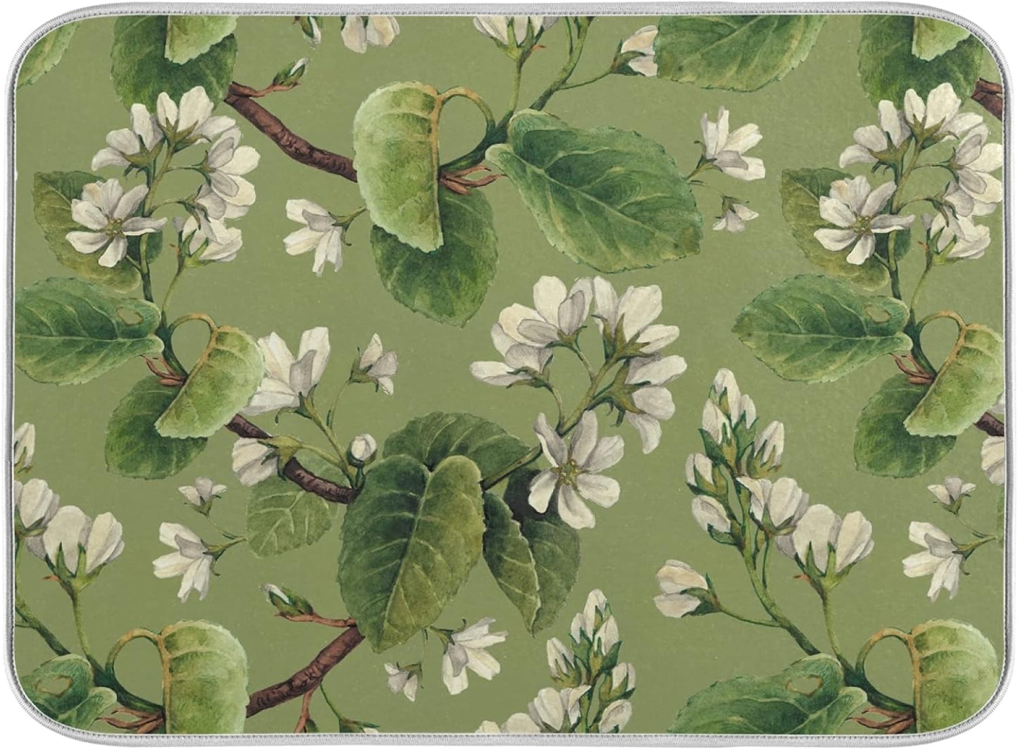 Vintage White Floral Green Leaves Microfiber Dish Drying Mat 18'' x 24'' for Kitchen Counter Drying Pad Dish Drainer Mats Absorbent Dish Draining Mat Extra Large