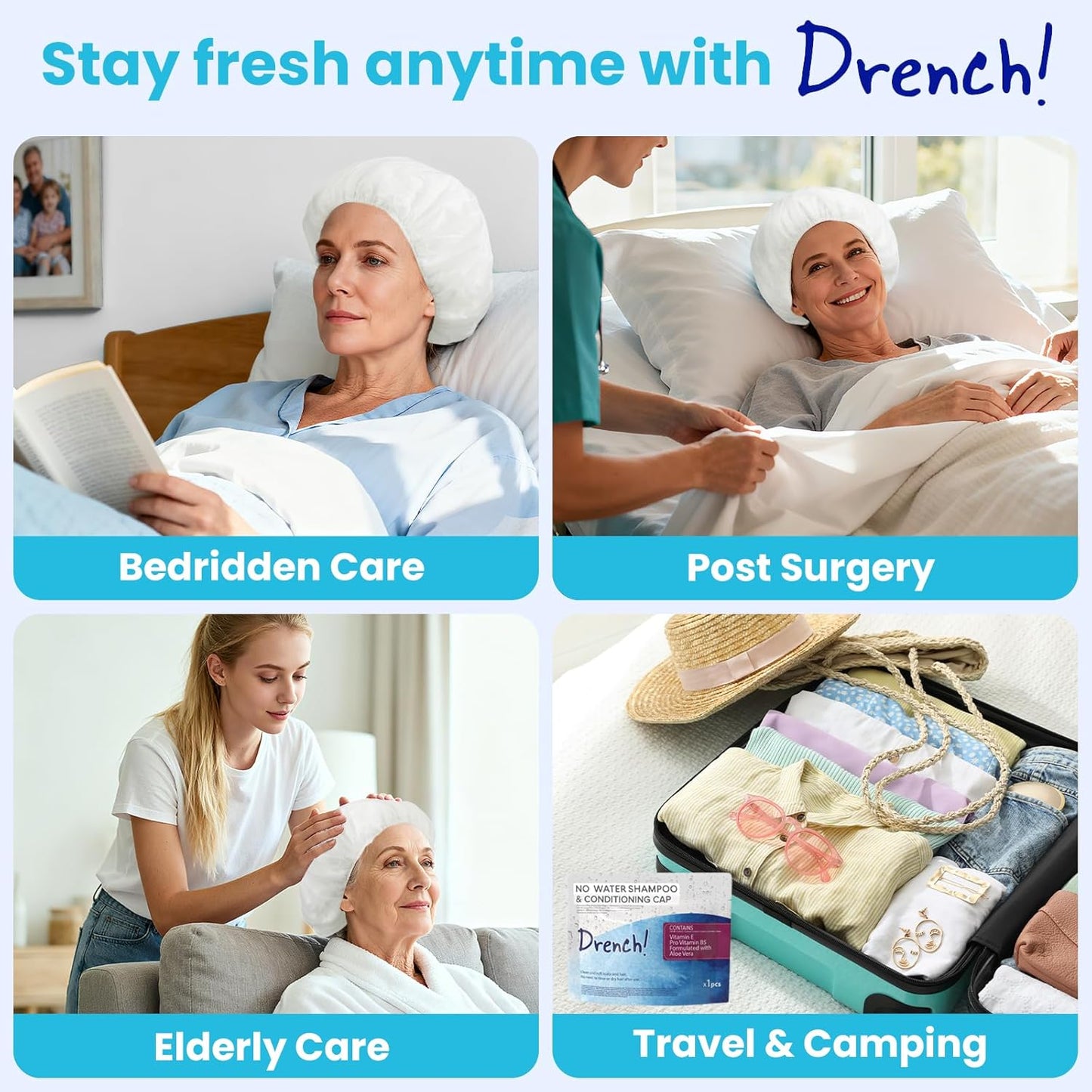 Drench! No Water Hair Washing Cap - Waterless Shower Caps with Shampoo and Conditioner - Disposable Rinse Free Wash Aids - Ideal for Elderly and Disabled - Pack of 12