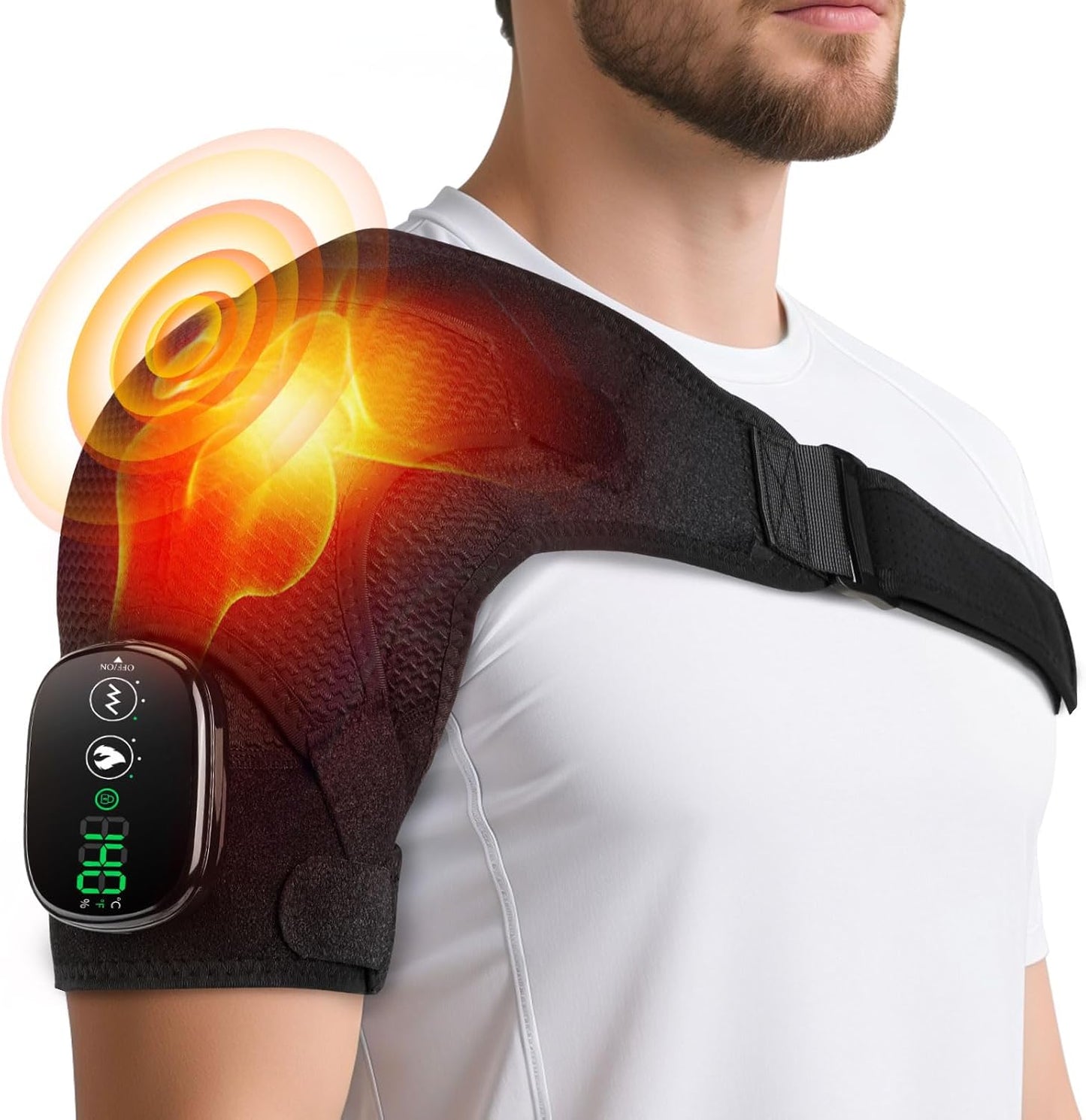 Cordless Shoulder Heating Pad with Vibration for Rotator Cuff Pain Relief, Heated Shoulder Massage Pad, Rotator Cuff Support Brace with 3 Heating Levels &3 Vibration (Black)