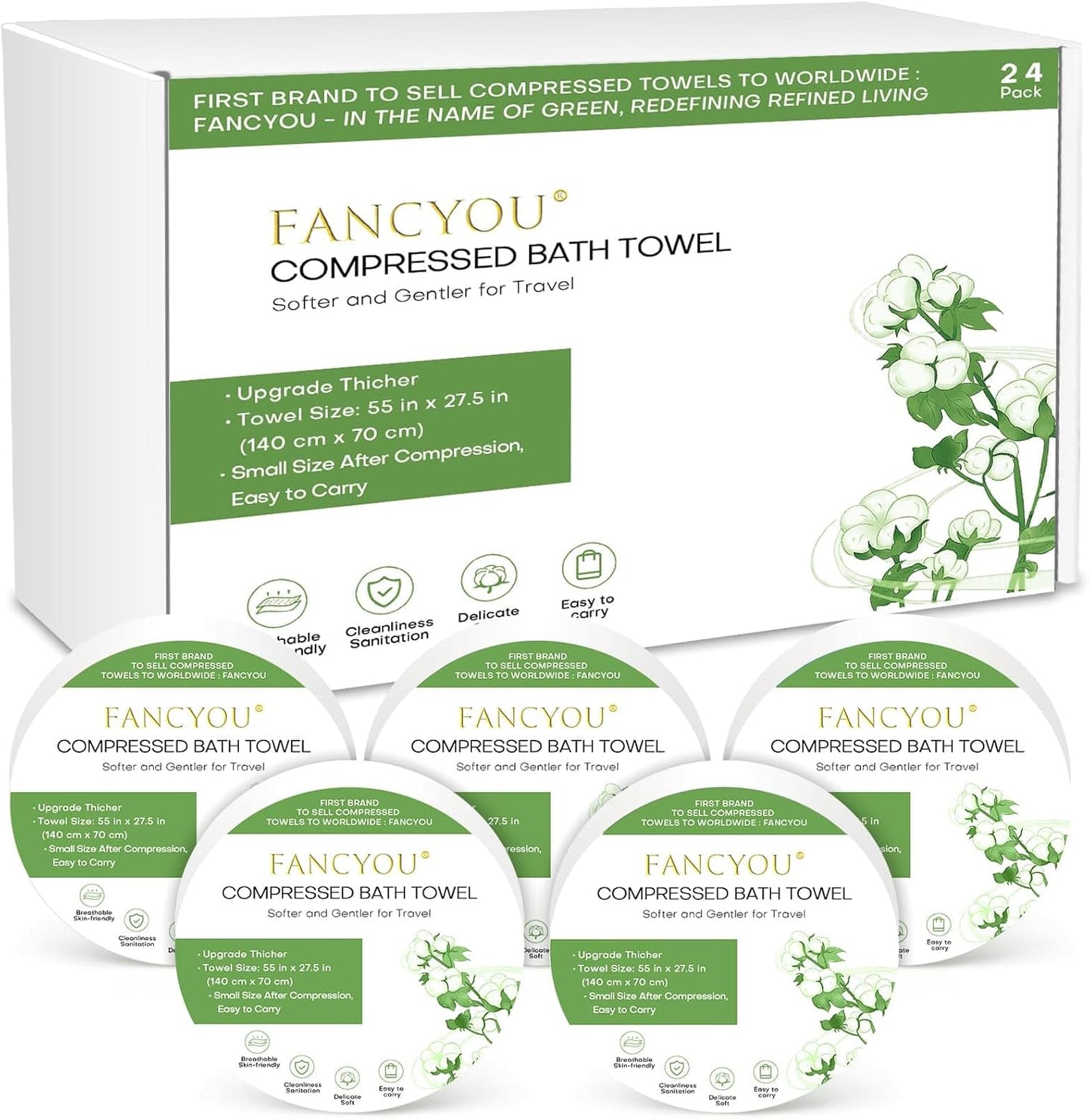 Compressed Bath Towel Tablets 24 Pack 55" x 27.5" Thickened Washable & Reuseable Bath Towels Portable Expandable Disposable Personal Care Cleansing Non Woven Clothes (Green Pack)