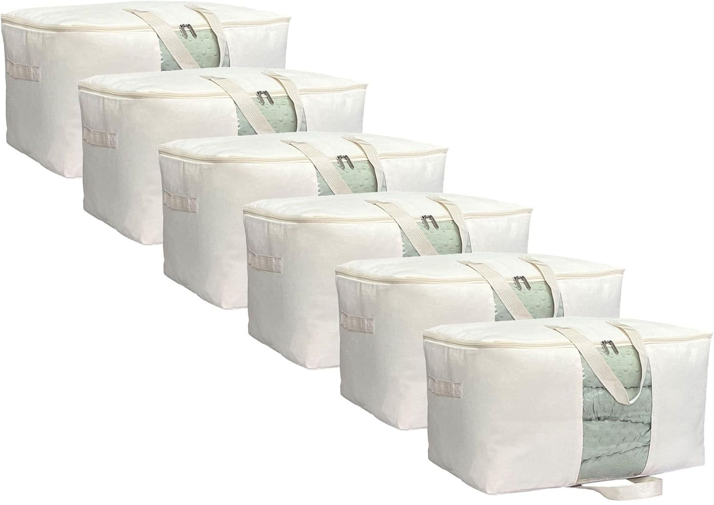 Soft Canvas Clothes Storage Bags with Four Carrying Handles and Clear Window, Closet Organizer for Clothing, Blankets Sheets and Bedding, 55L, 6 Pack, Beige