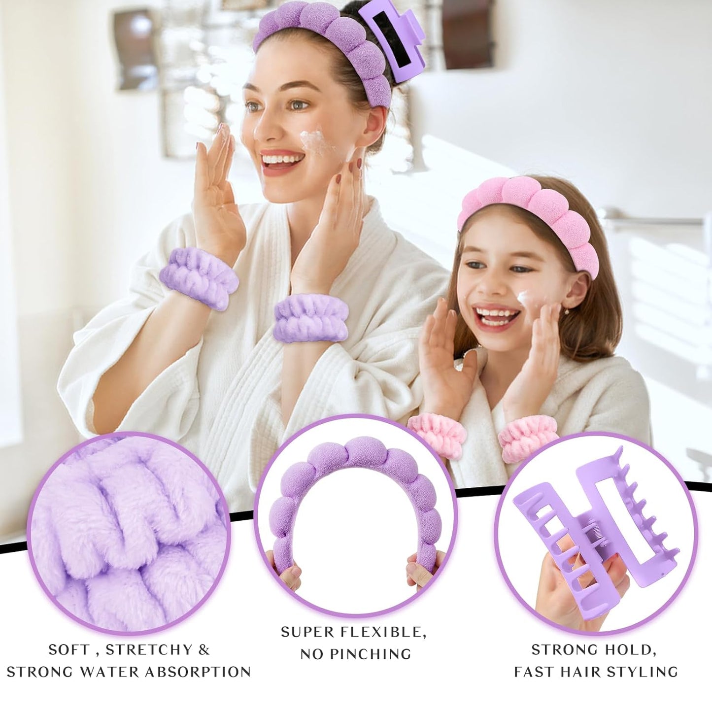 Wecoe Pink Purple Spa Headband And Wristband Set Skincare Headband For Washing Face Hair Claw Clips For Thick Hair Cute Puffy Sponge Bubble Makeup Head Band Wrist Towels Scrunchies For Women Girls