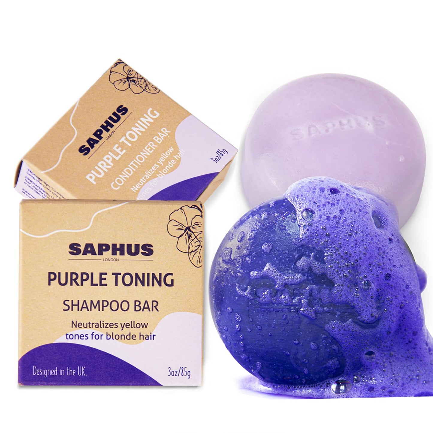 Sulfate Free Brass Toning Purple Shampoo Bar and Conditioner Set for Blonde, Bleached, Silver, or Brown Hair, Neutralizes Brassy Yellow Orange Tones, 6 oz