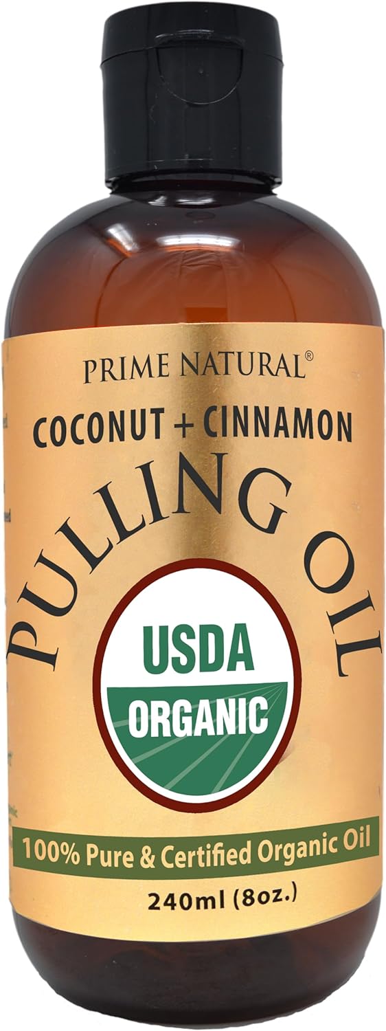PRIME NATURAL Oil Pulling with Organic Coconut & Organic Cinnamon Bark Oil 8oz - Natural Oral Care & Teeth Whitening - Alcohol Free Mouthwash Freshens Breath, Healthier Teeth & Gums