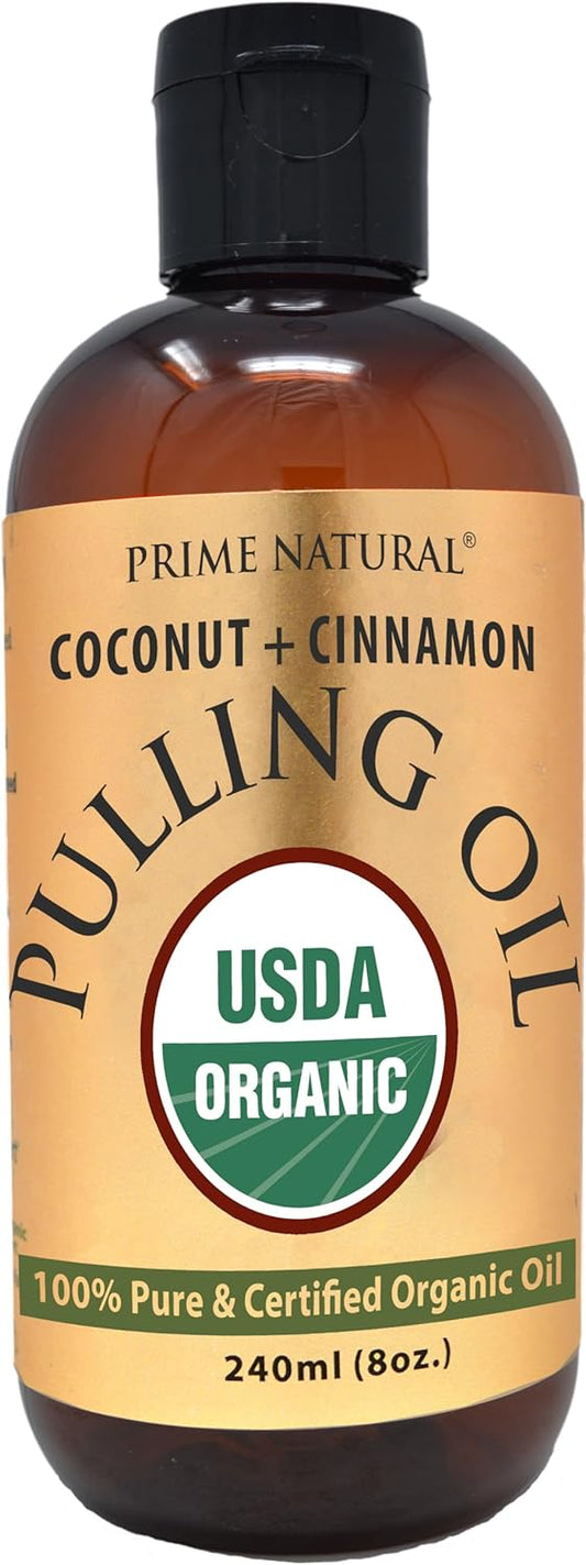 PRIME NATURAL Oil Pulling with Organic Coconut & Organic Cinnamon Bark Oil 8oz - Natural Oral Care & Teeth Whitening - Alcohol Free Mouthwash Freshens Breath, Healthier Teeth & Gums