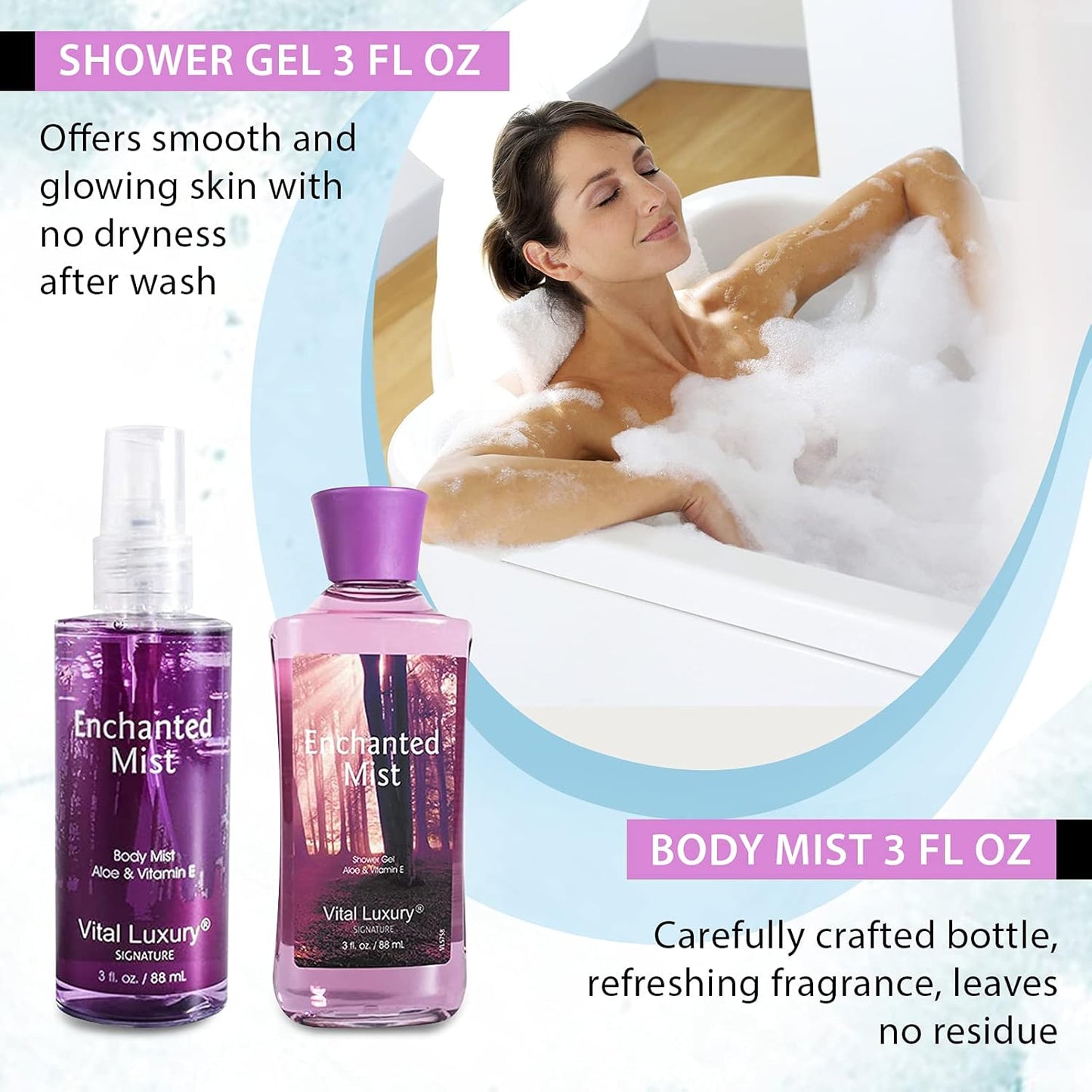 Bath & Body Kit, 3 Fl Oz, Ideal Skincare Gift Home Spa Set, Includes Body Lotion, Shower Gel, Body Cream, and Fragrance Mist,Birthday Mother's Valentine's Day Gifts(Enchanted Mist)
