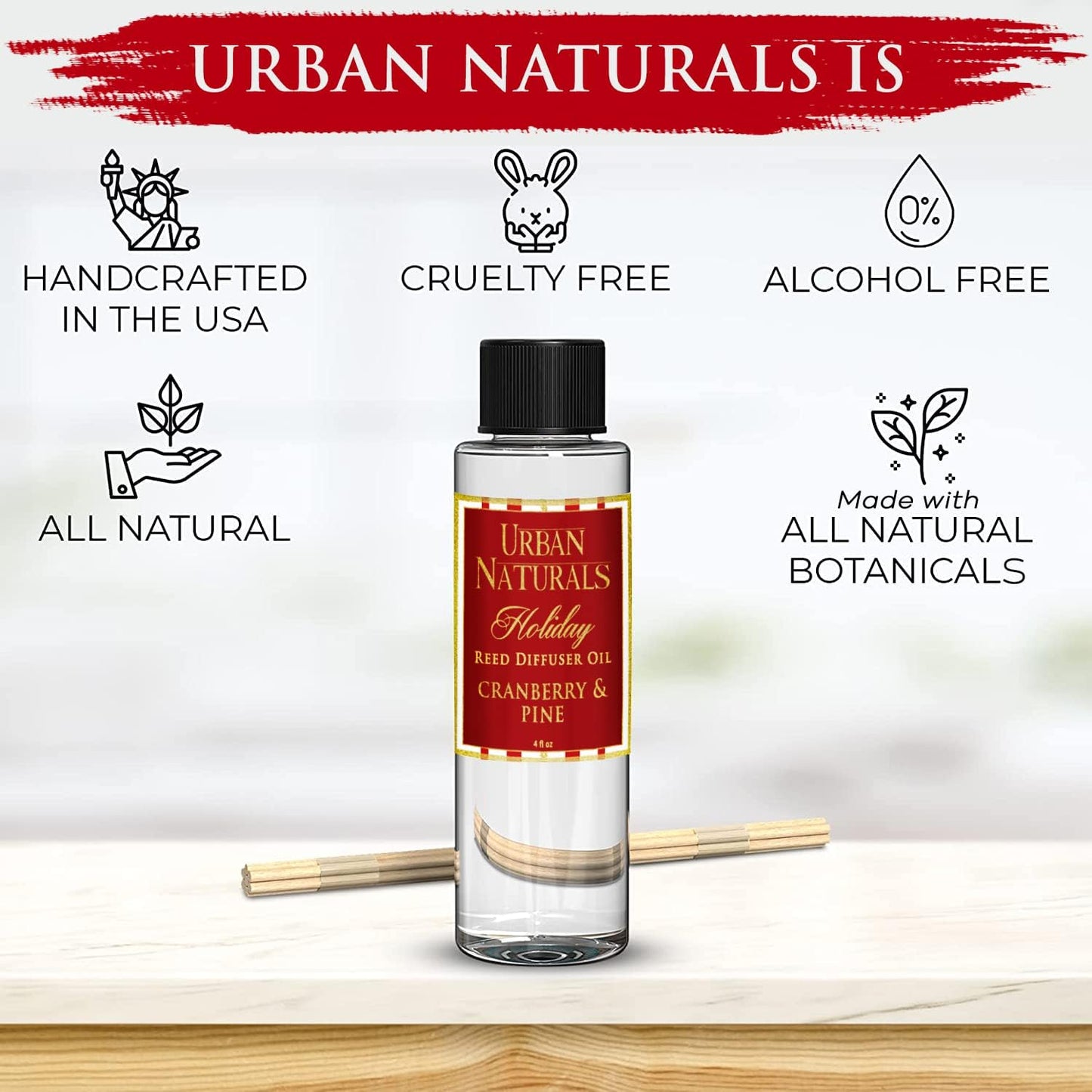 Urban Naturals Holiday Cranberry & Pine Scented Oil Reed Diffuser Refill | Cranberry, Holly Berries and Frosted Fir Needles | Includes a Free Set of Reed Sticks! 4 oz.