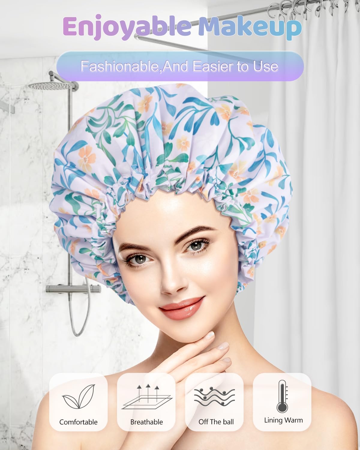 Aquior Shower Caps, Double Layer Waterproof Shower Cap for Women, Reusable Large Shower Cap for all Hair Lengths with EVA Lining, Soft Bath Shower Caps