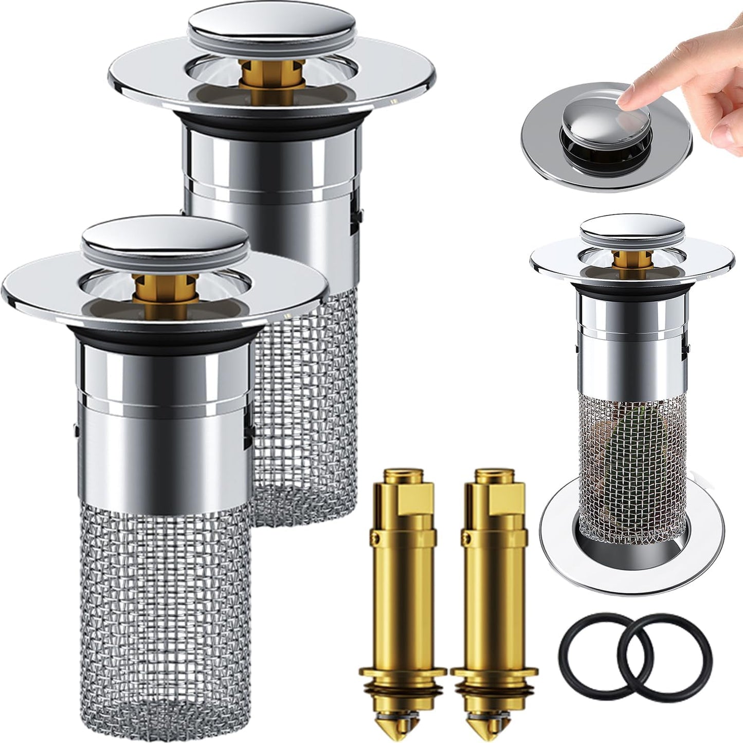 Sink Plug Hair Trap, Off-Bathroom Sink Stopper Hair Catcher, 2026 New Universal Pop up Sink Drain Filter, Stainless Steel Floor Drain Filter Bathroom Sink with Basket, Easy to Install (2Pack)