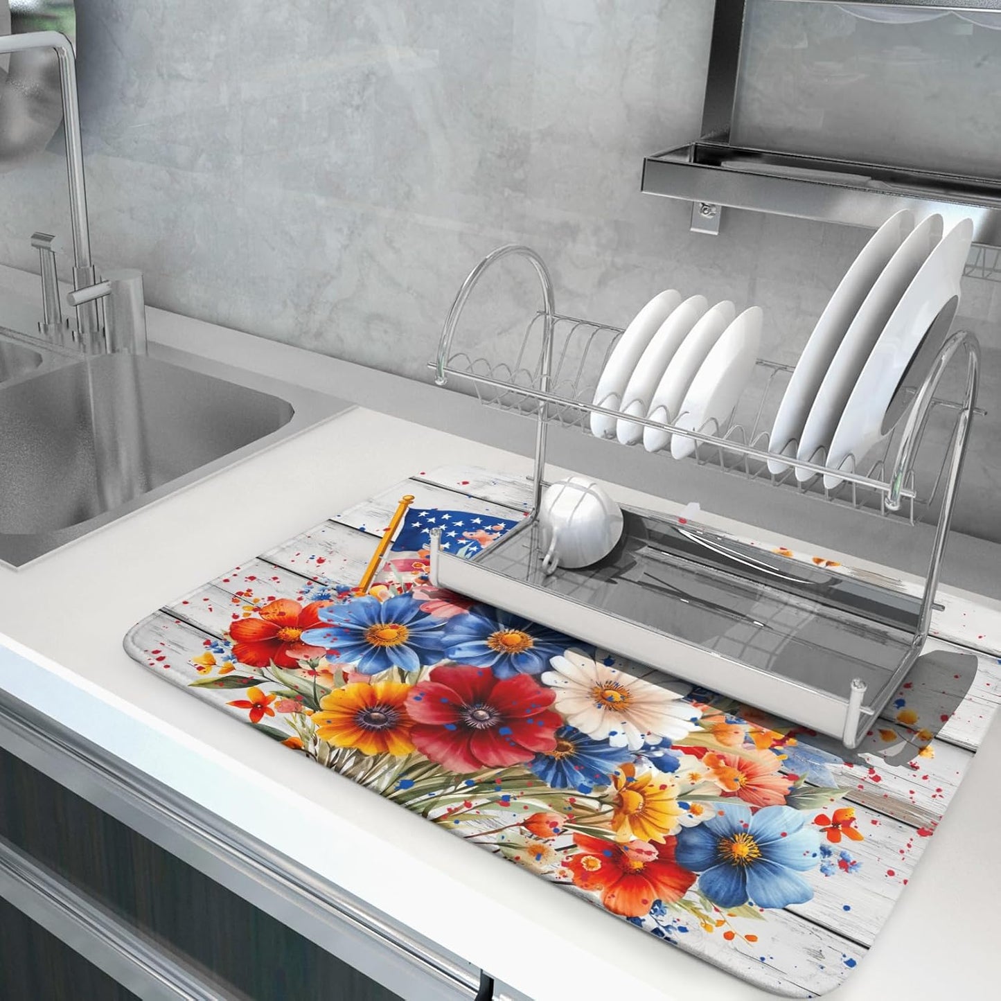 4th of July Dish Drying Mat 18x24 inch Patriotic Floral Fast Dry Microfiber Reversible Dish Drainer Rack Pad Kitchen Counter Accessories