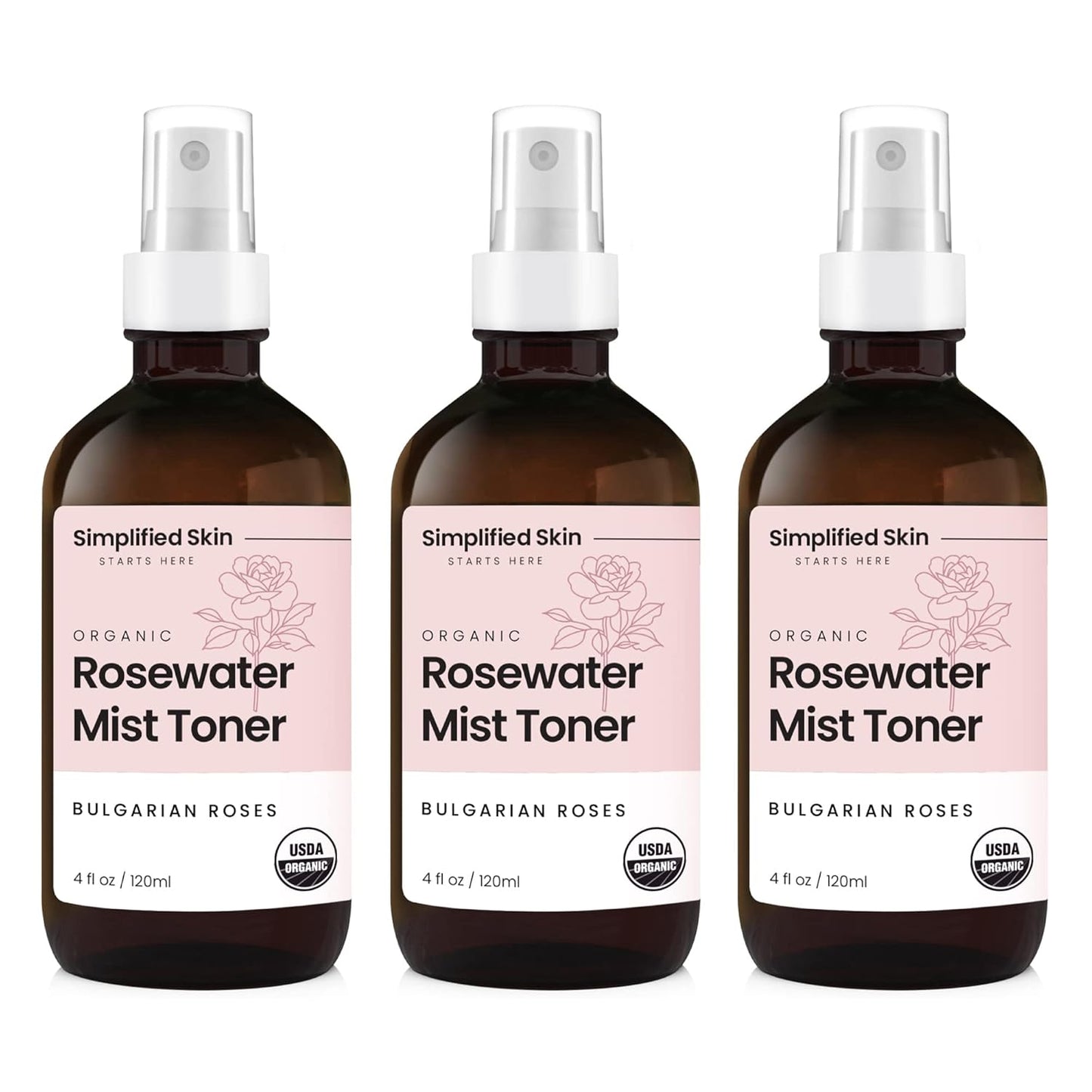Rose Water Spray for Face & Hair – Pure USDA Organic Rosewater Toner – Refreshing Mist for Skin Care, Makeup & Locs – Natural Rose Scent, 4 Oz (3 Pack)